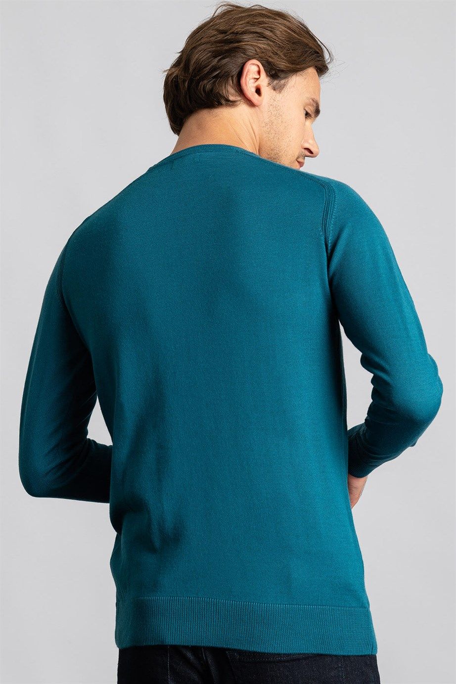 Slim Fit Dar Kesim Bisiklet Yaka Düz Yün Erkek Kazak