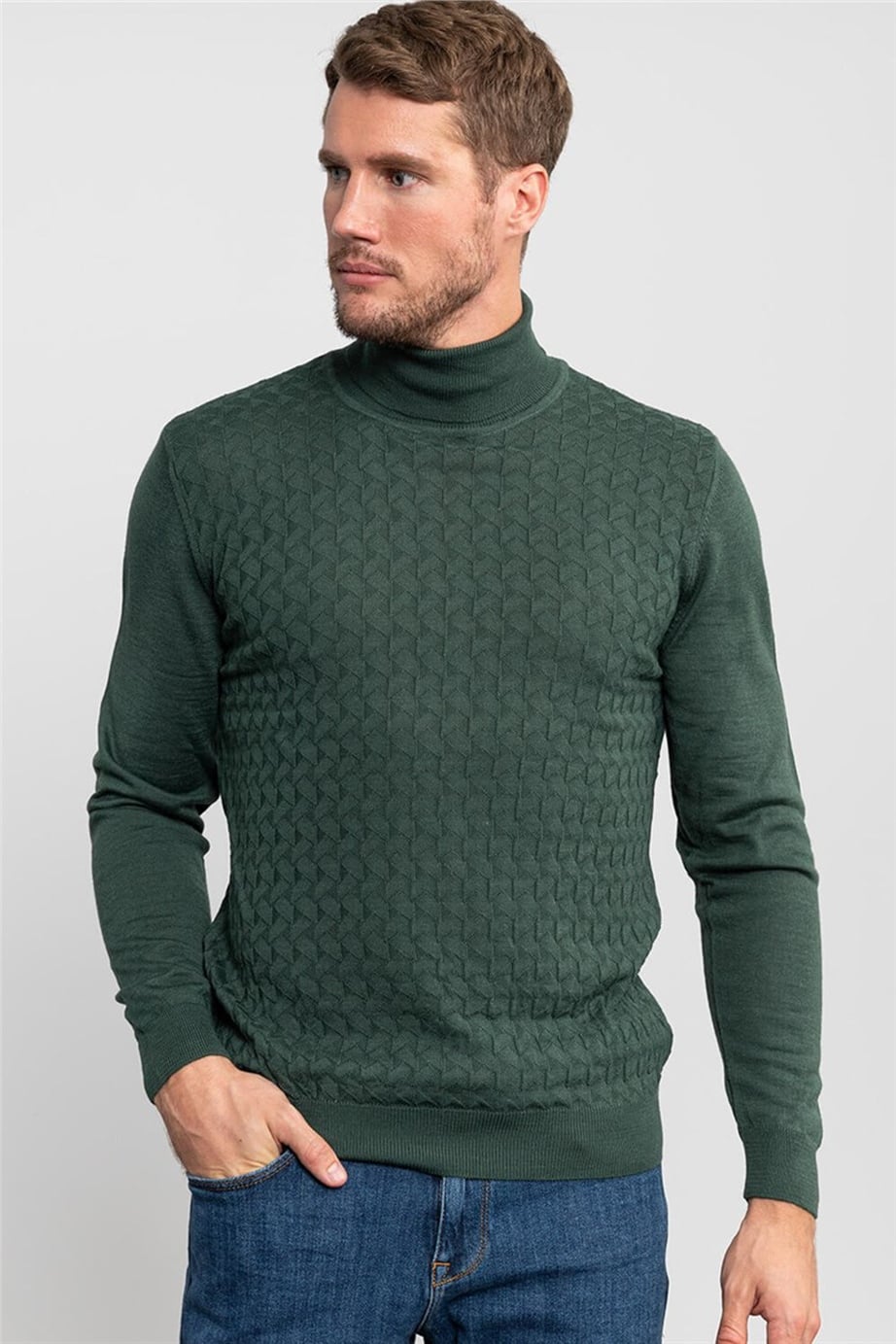 Slim Fit Dar Kesim Tam Balıkçı Yaka İnce Yün Erkek Kazak