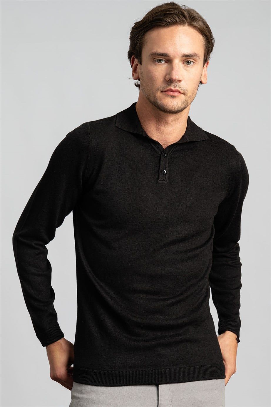 Slim Fit Dar Kesim Düğmeli Polo Yaka Düz Erkek Kazak