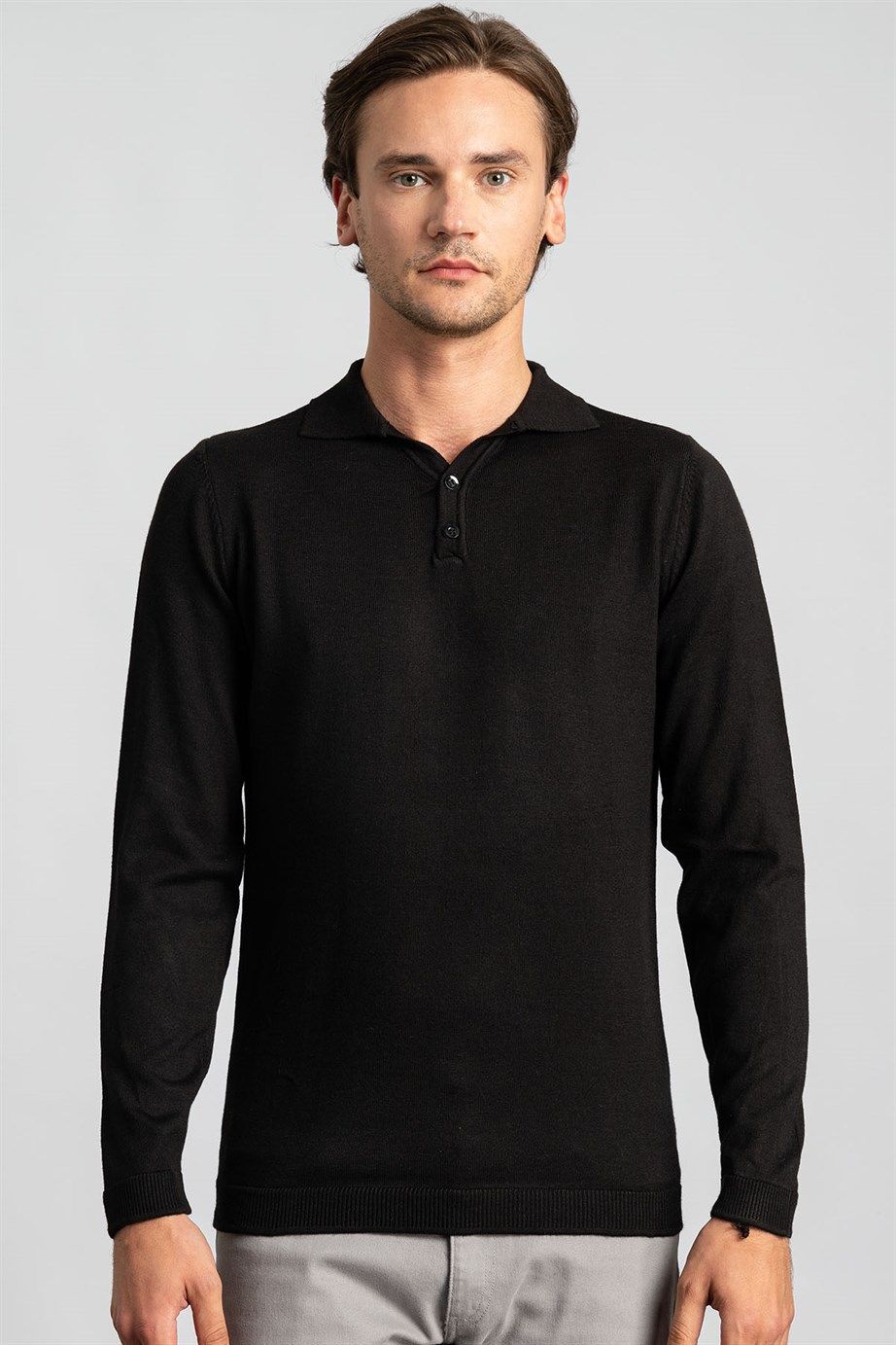 Slim Fit Dar Kesim Düğmeli Polo Yaka Düz Erkek Kazak