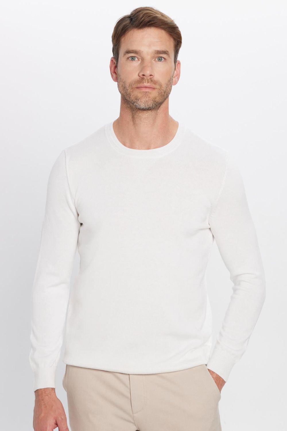 Erkek Slim Fit Bisiklet Yaka Beyaz Triko Kazak