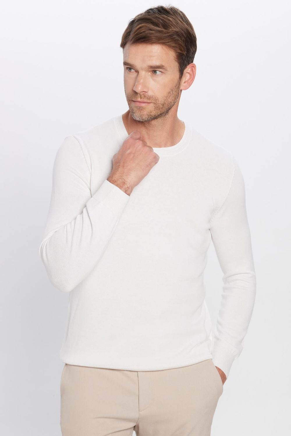 Erkek Slim Fit Bisiklet Yaka Beyaz Triko Kazak