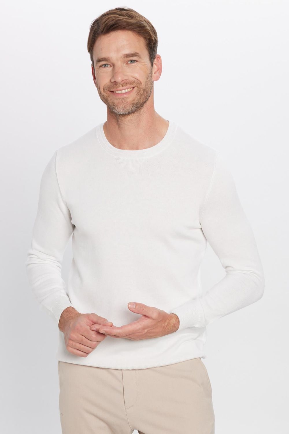 Erkek Slim Fit Bisiklet Yaka Beyaz Triko Kazak