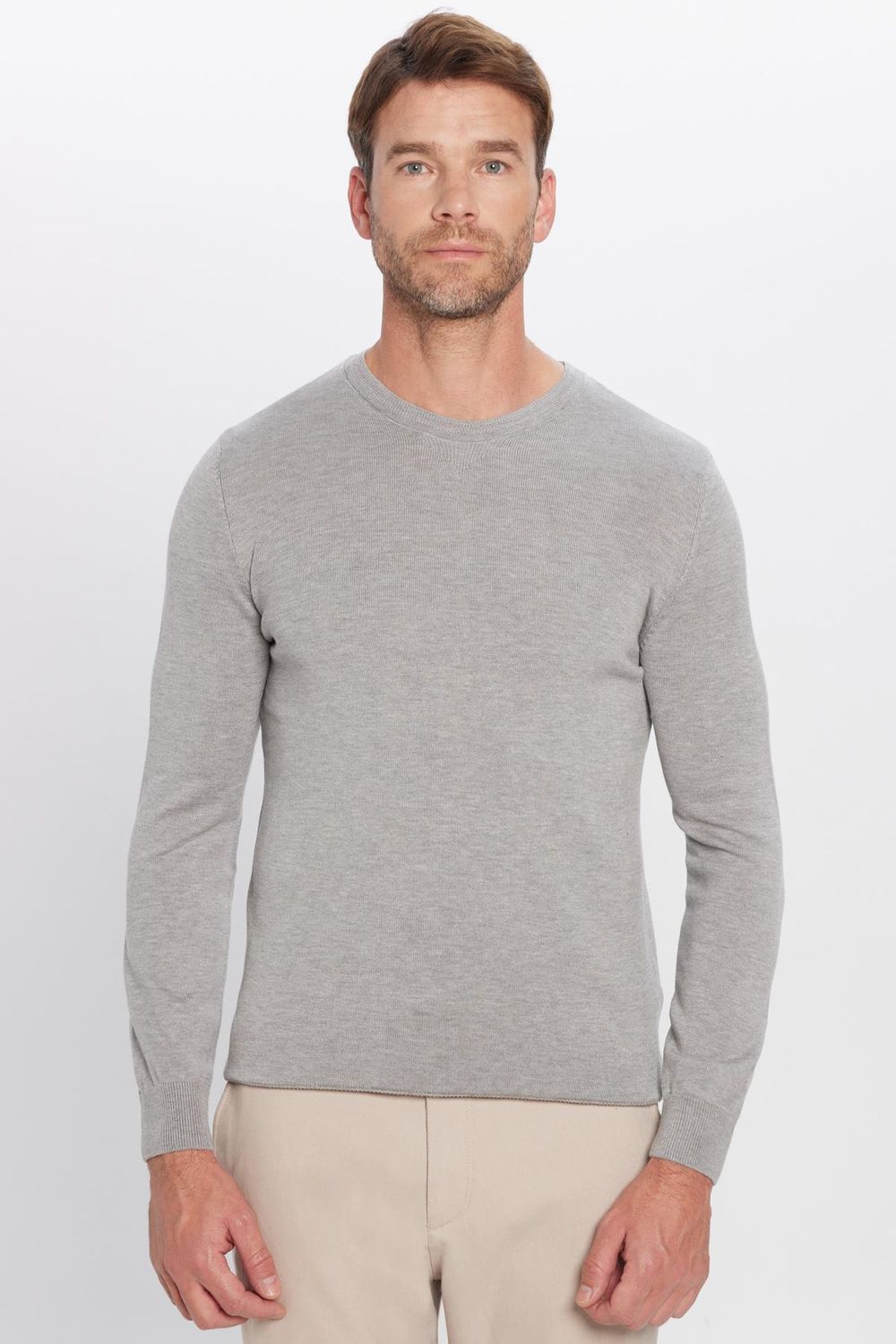 Erkek Slim Fit Bisiklet Yaka Gri Triko Kazak