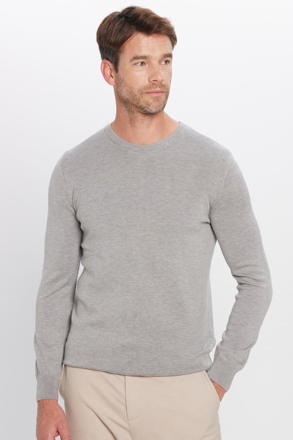 Erkek Slim Fit Bisiklet Yaka Gri Triko Kazak