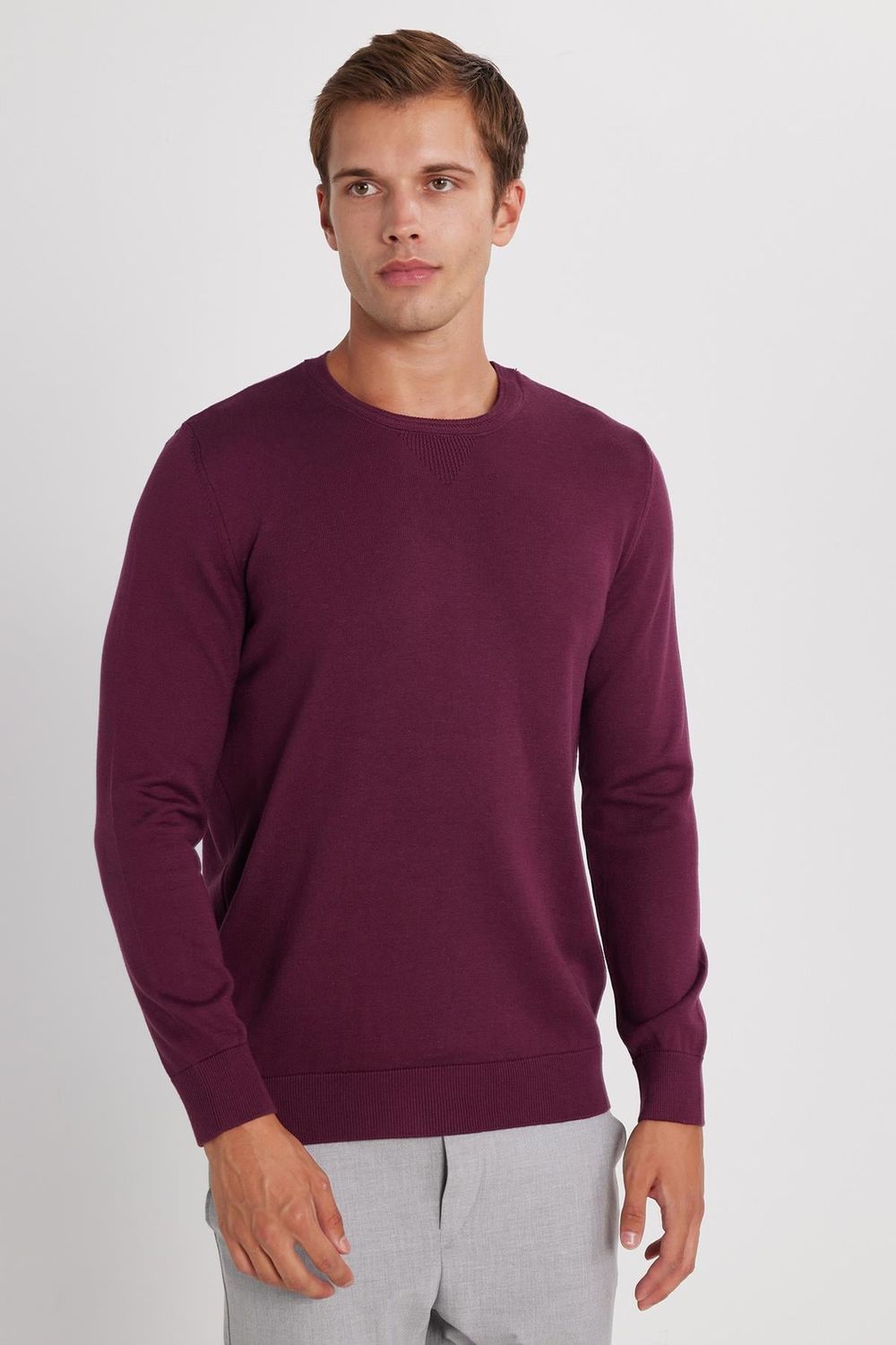 Erkek Standart Fit Normal Kesim Bisiklet Yaka Bordo Triko Kazak