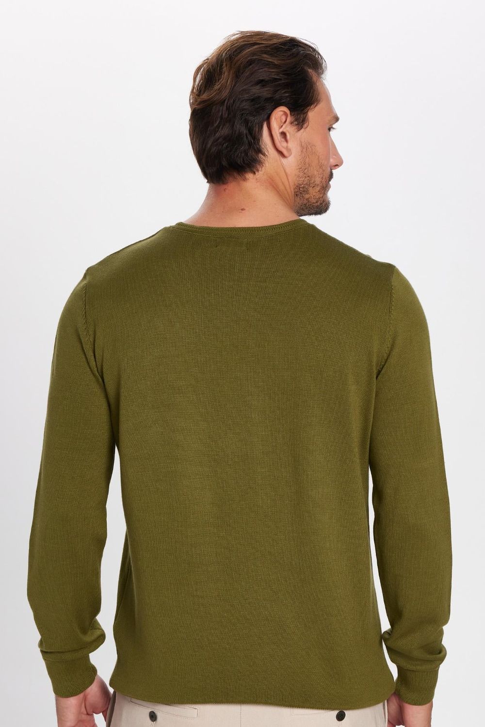 Erkek Slim Fit Dar Kesim Bisiklet Yaka Haki Triko Kazak