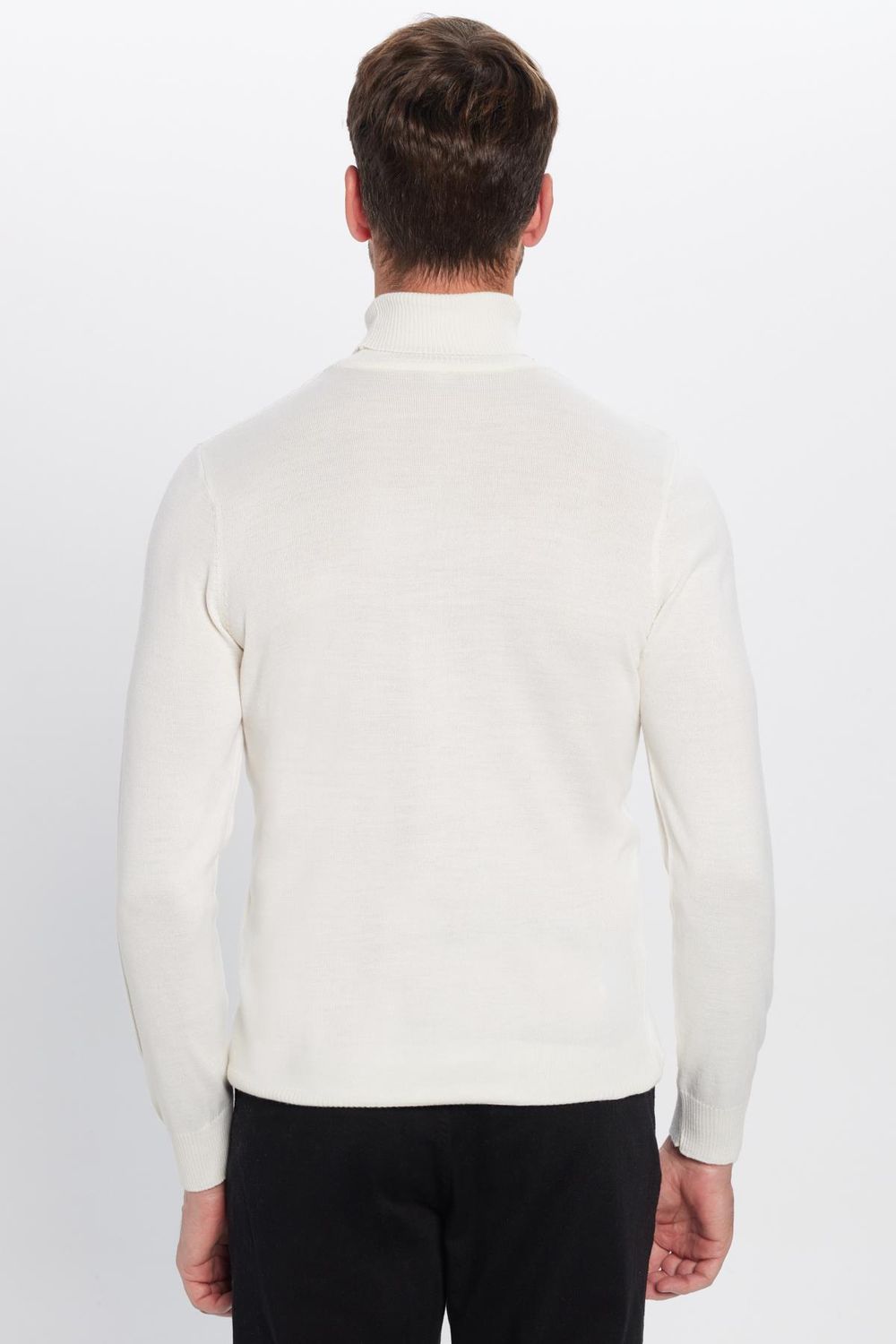 Erkek Slim Fit Dar Kesim Tam Boğazlı Yaka Düz Yün Beyaz Triko Kazak
