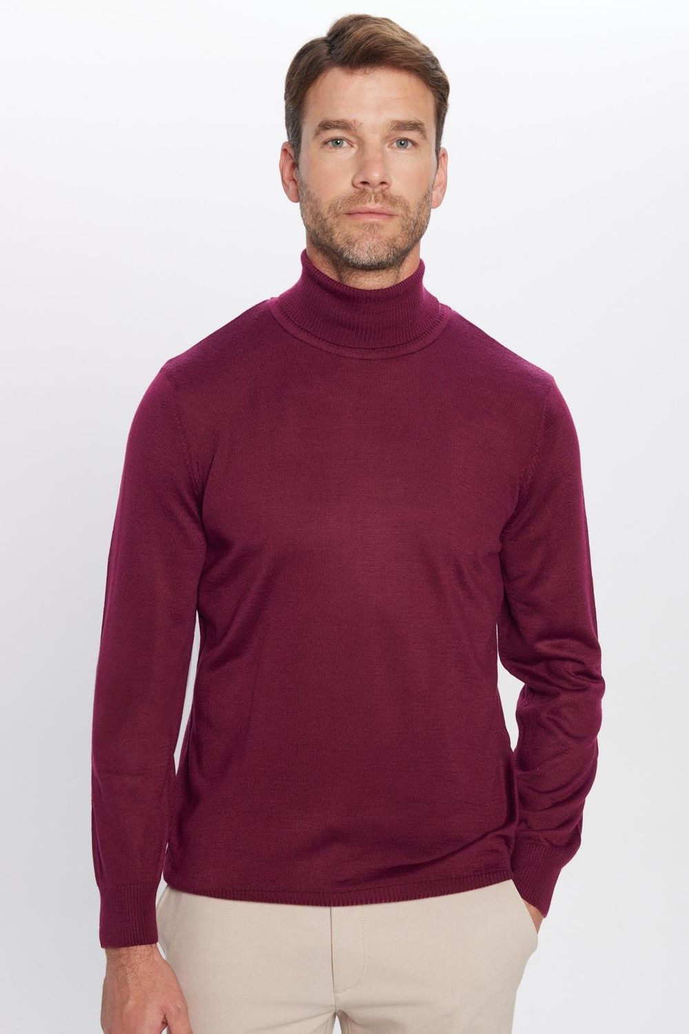 Erkek Slim Fit Tam Boğazlı Yaka Düz Yün Bordo Triko Kazak