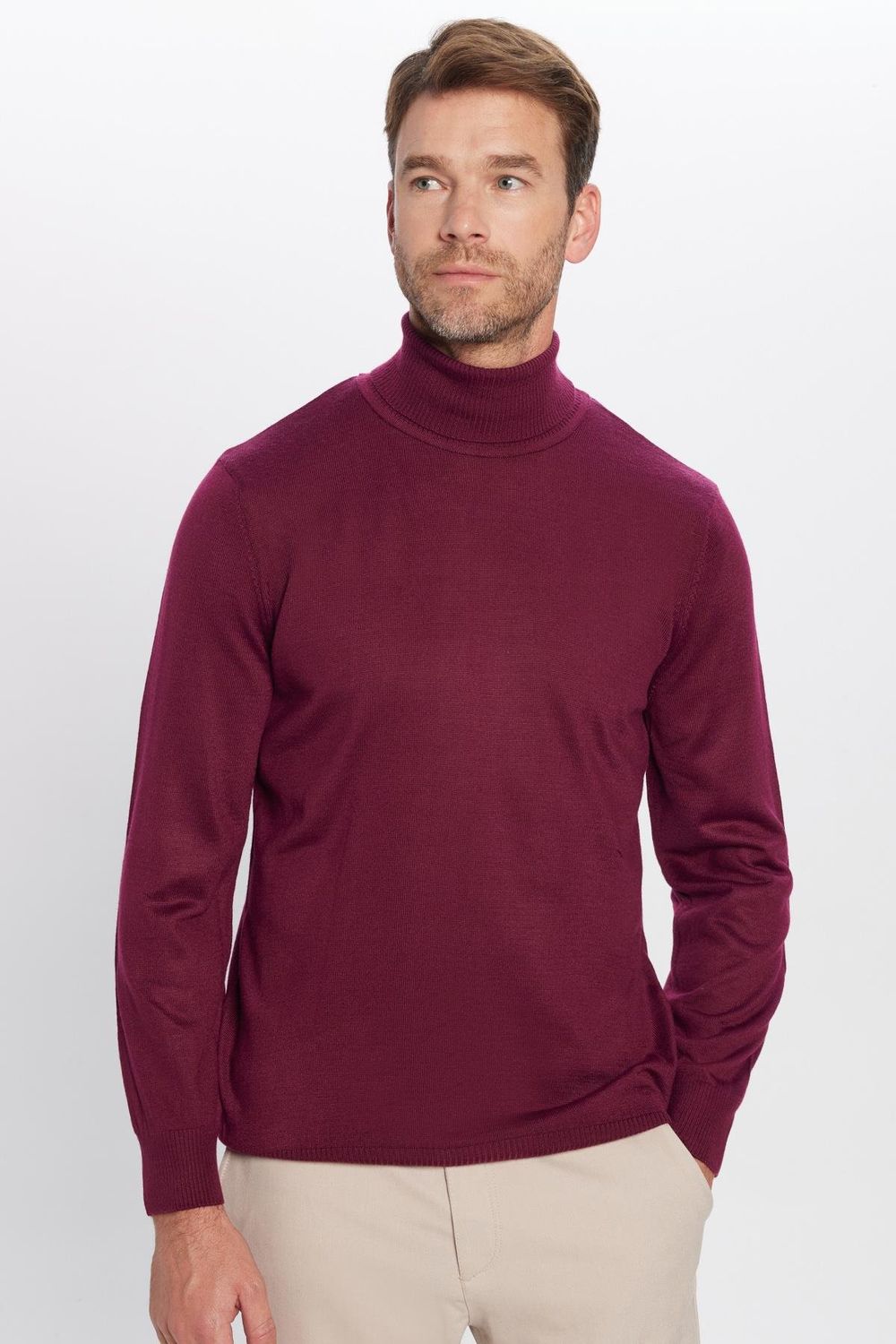 Erkek Slim Fit Tam Boğazlı Yaka Düz Yün Bordo Triko Kazak