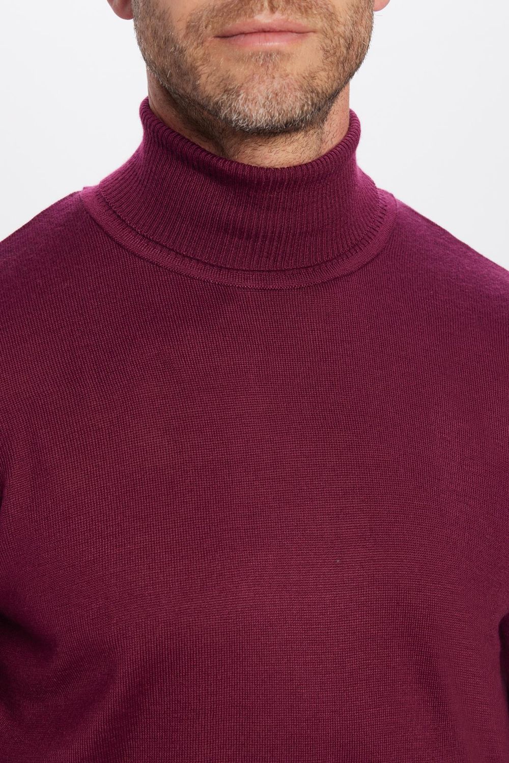Erkek Slim Fit Tam Boğazlı Yaka Düz Yün Bordo Triko Kazak