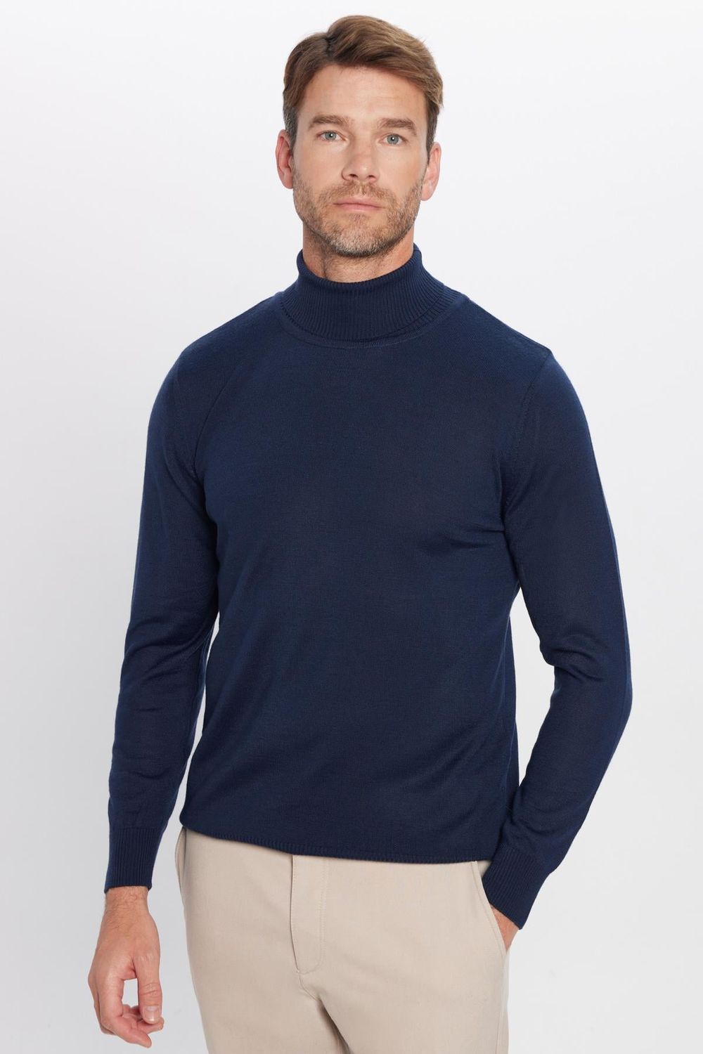 Erkek Slim Fit Tam Boğazlı Yaka Düz Yün Lacivert Triko Kazak