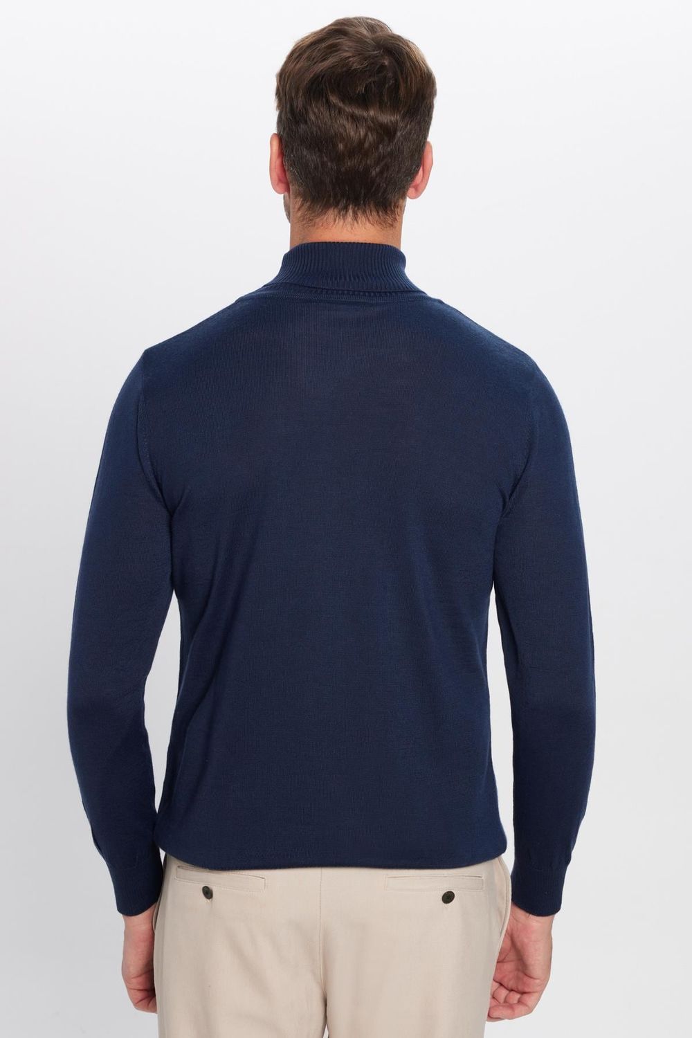 Erkek Slim Fit Tam Boğazlı Yaka Düz Yün Lacivert Triko Kazak