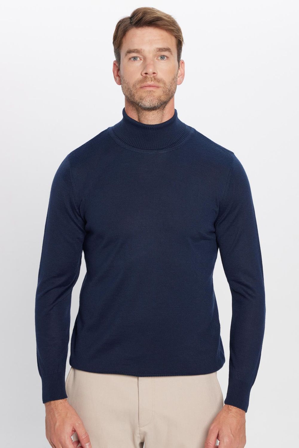 Erkek Slim Fit Tam Boğazlı Yaka Düz Yün Lacivert Triko Kazak