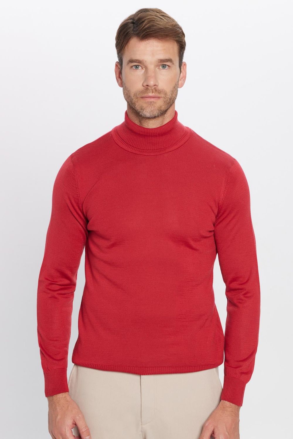 Erkek Slim Fit Dar Kesim Tam Boğazlı Yaka Düz Yün Kırmızı Triko Kazak