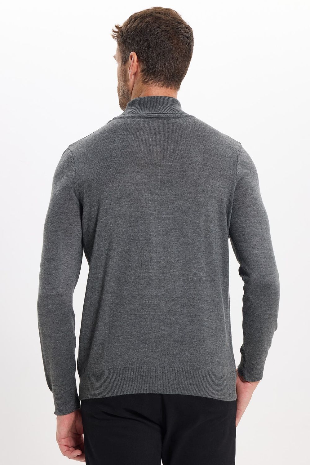 Erkek Slim Fit Tam Boğazlı Yaka Düz Yün Gri Triko Kazak