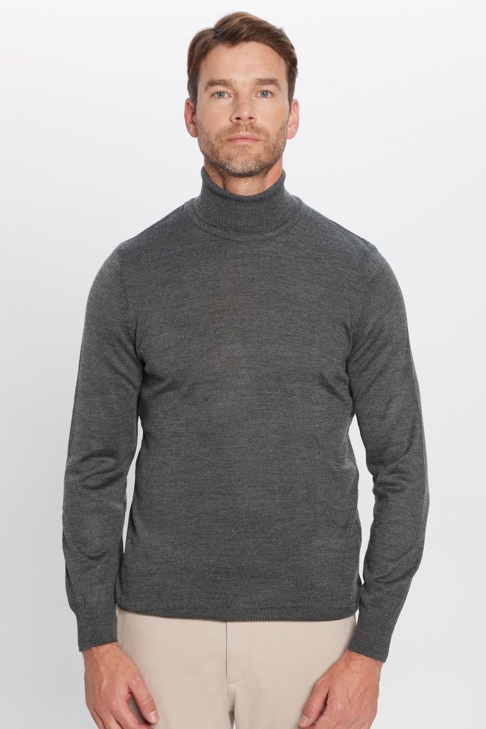 Erkek Slim Fit Tam Boğazlı Yaka Düz Yün Gri Triko Kazak