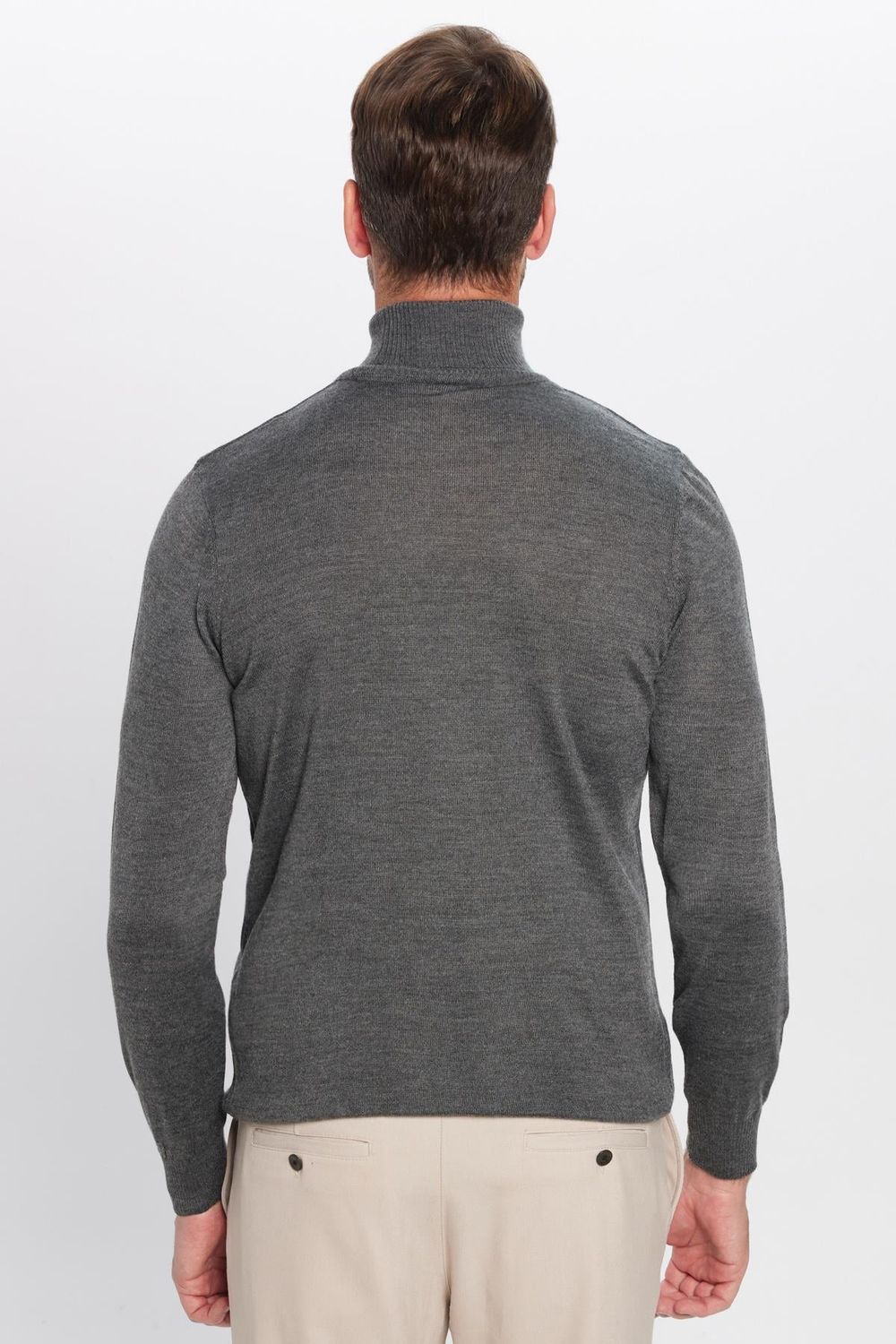 Erkek Slim Fit Tam Boğazlı Yaka Düz Yün Gri Triko Kazak