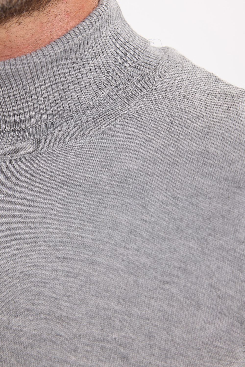Erkek Slim Fit Tam Boğazlı Yaka Düz Yün Gri Triko Kazak