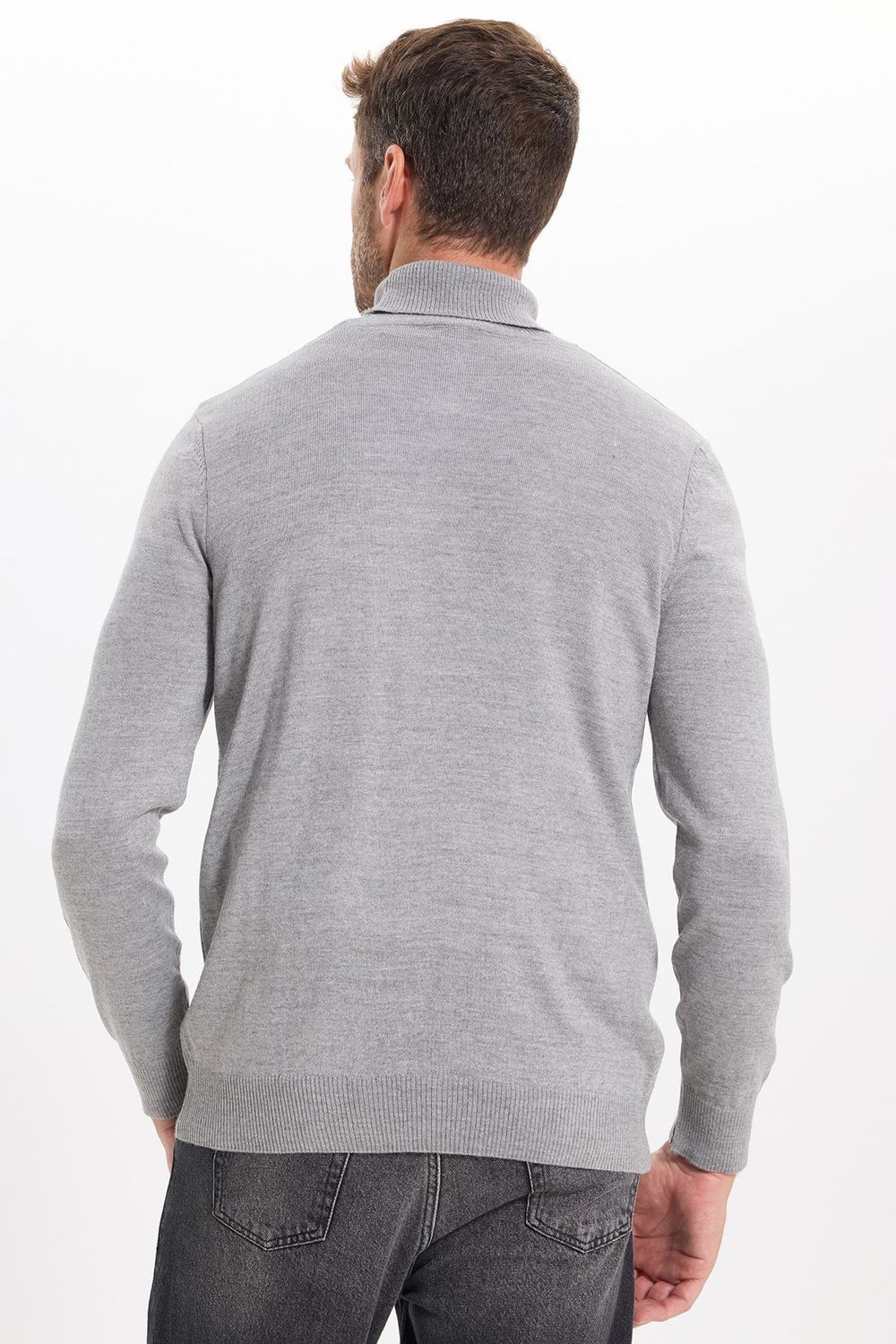 Erkek Slim Fit Tam Boğazlı Yaka Düz Yün Gri Triko Kazak
