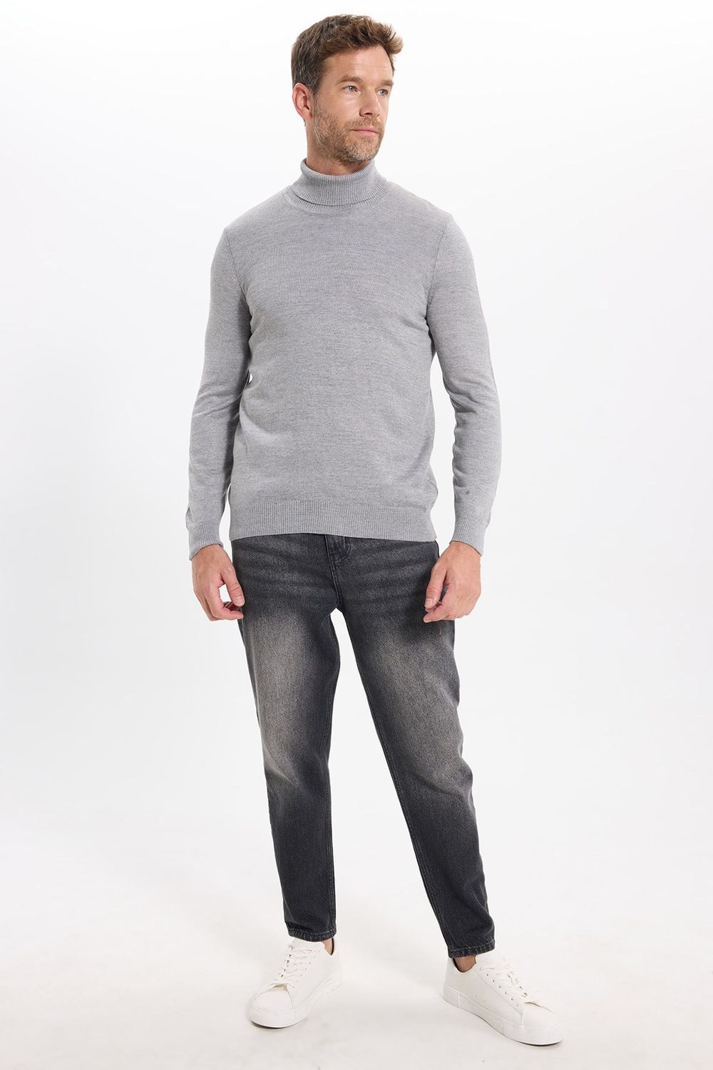 Erkek Slim Fit Tam Boğazlı Yaka Düz Yün Gri Triko Kazak