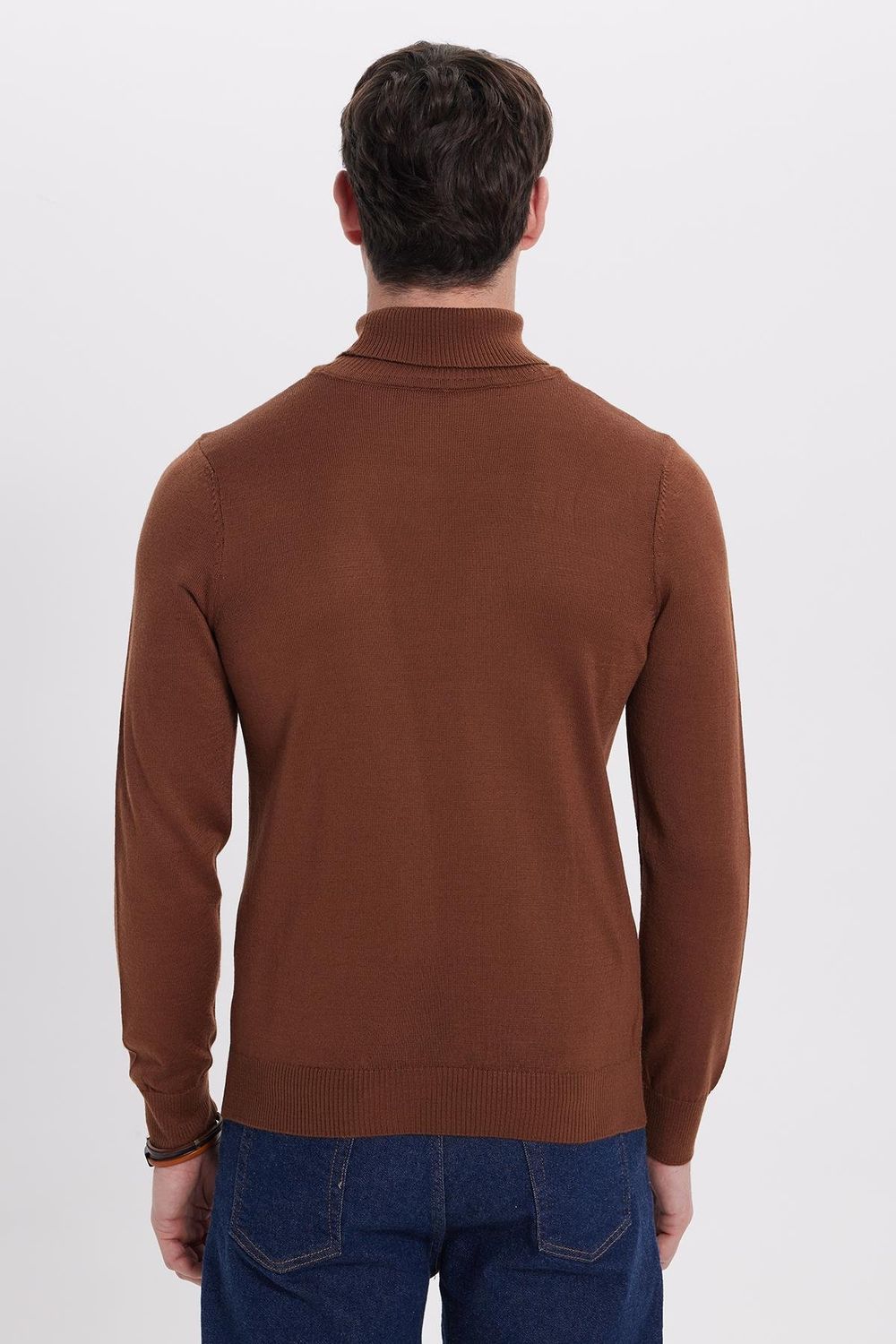 Slim Fit Tam Boğazlı Yaka Düz Yün Erkek Kazak