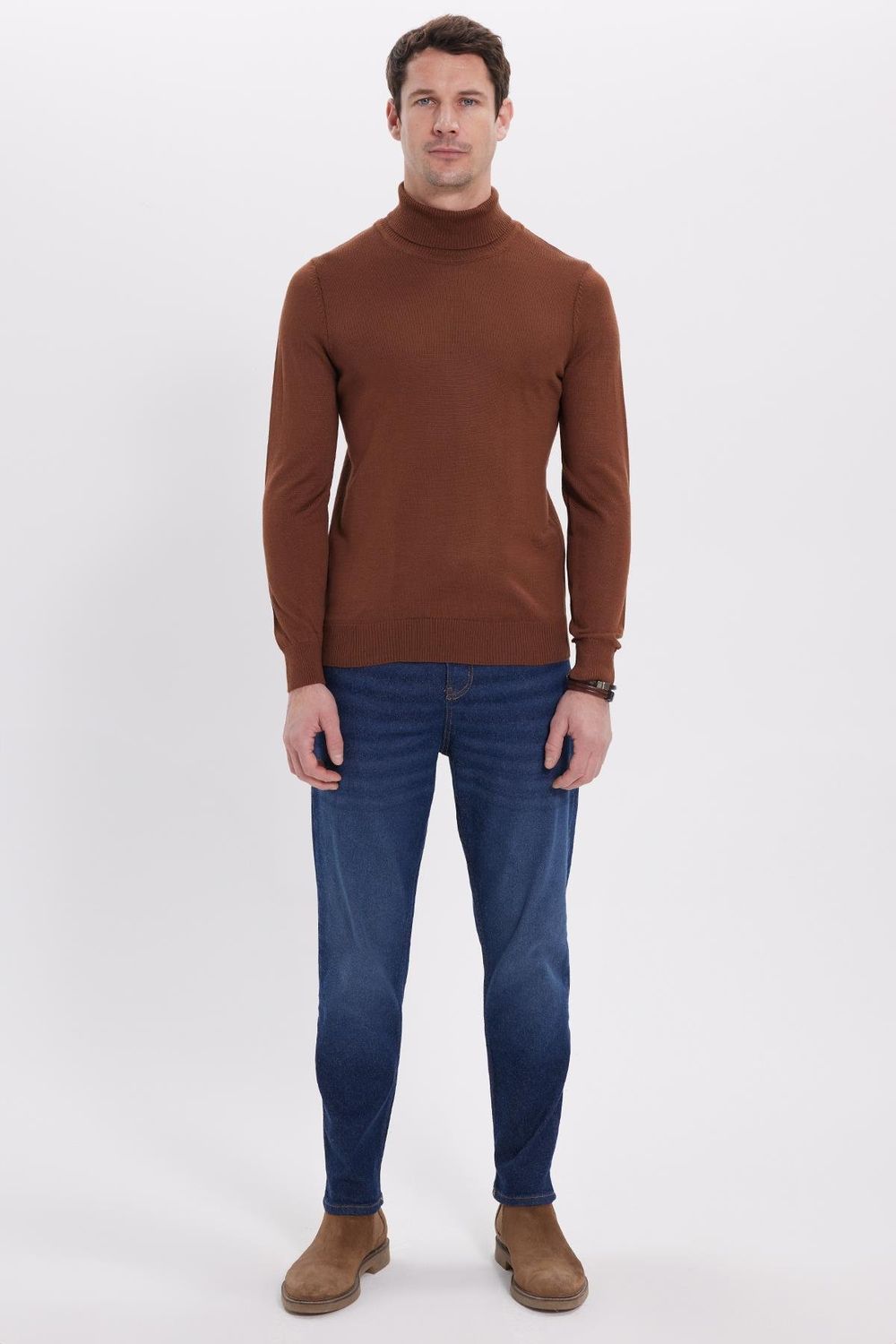 Slim Fit Tam Boğazlı Yaka Düz Yün Erkek Kazak