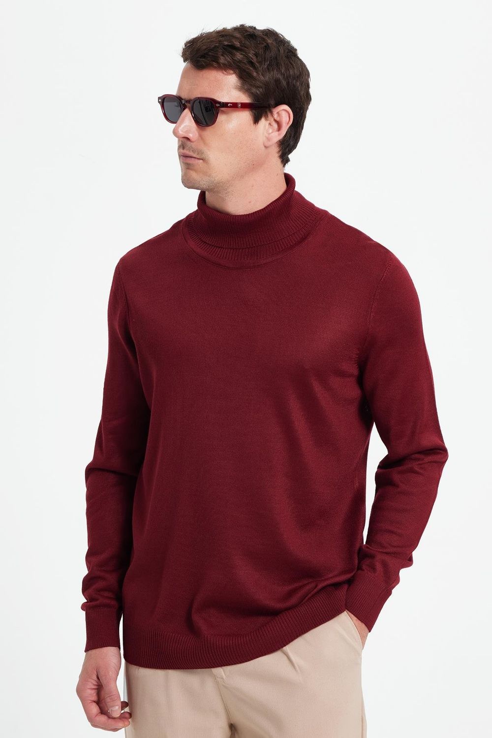 Slim Fit Tam Boğazlı Yaka Düz Yün Bordo Erkek Triko Kazak