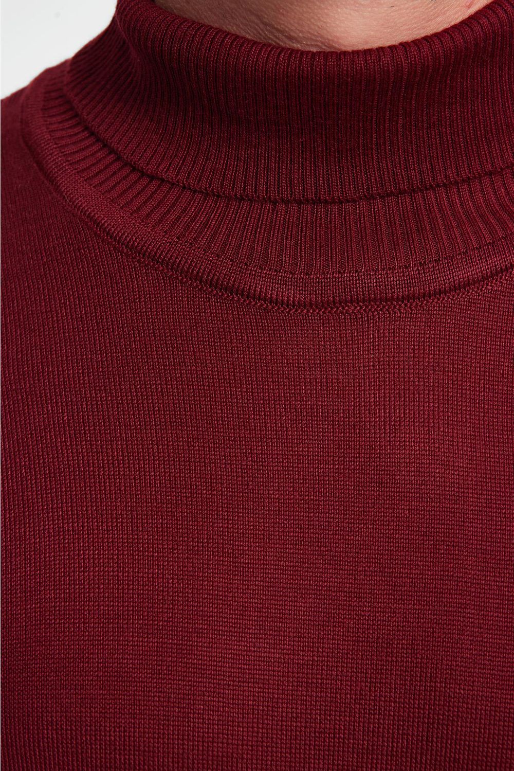 Slim Fit Tam Boğazlı Yaka Düz Yün Bordo Erkek Triko Kazak
