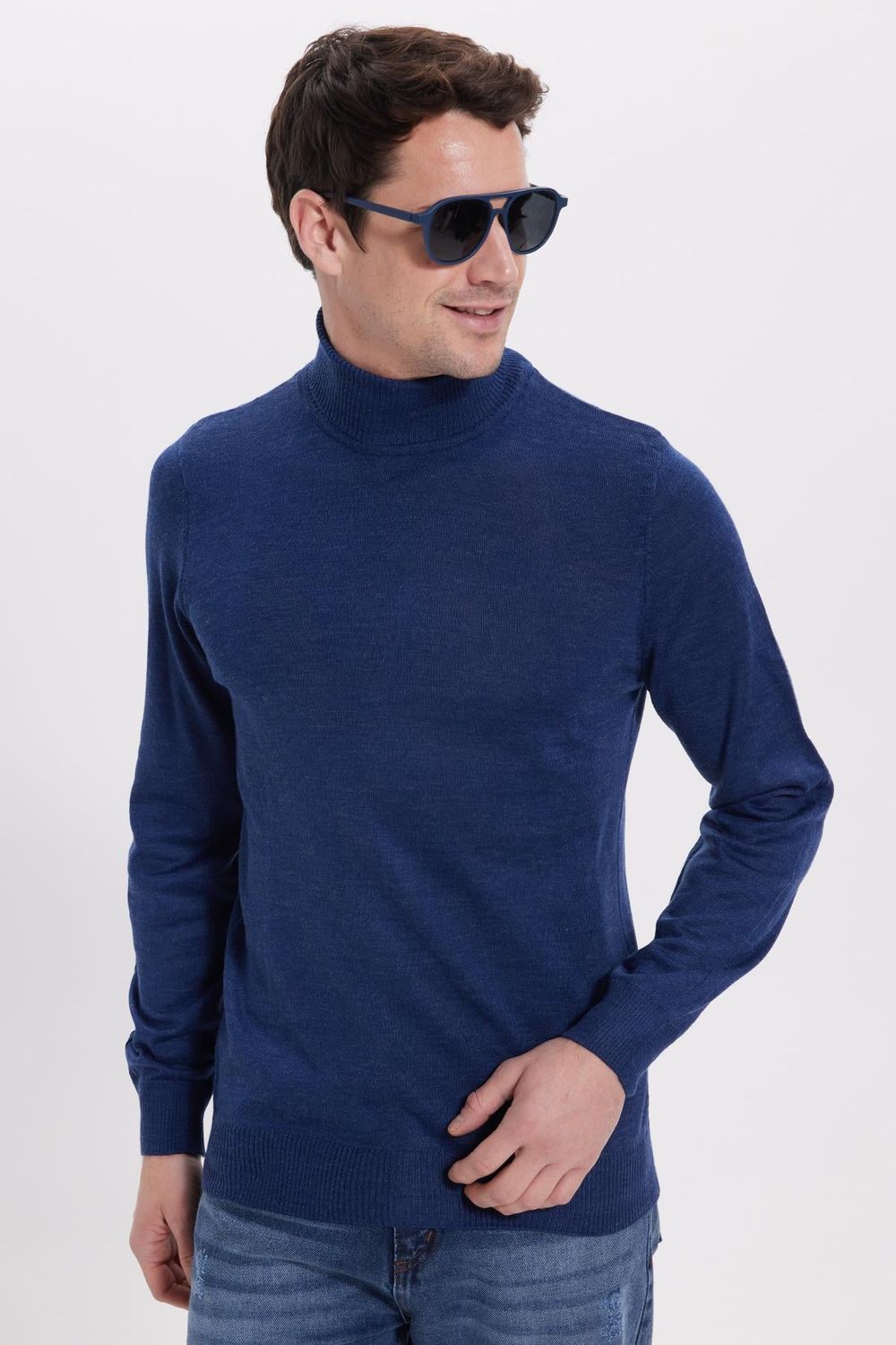 Erkek Slim Fit Tam Boğazlı Yaka Düz Yün Sax Mavi Triko Kazak