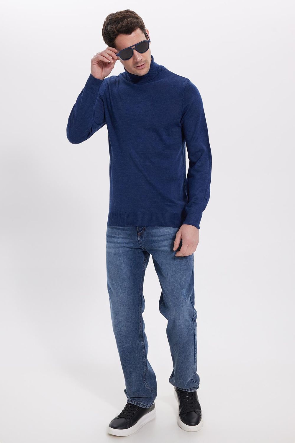 Erkek Slim Fit Tam Boğazlı Yaka Düz Yün Sax Mavi Triko Kazak