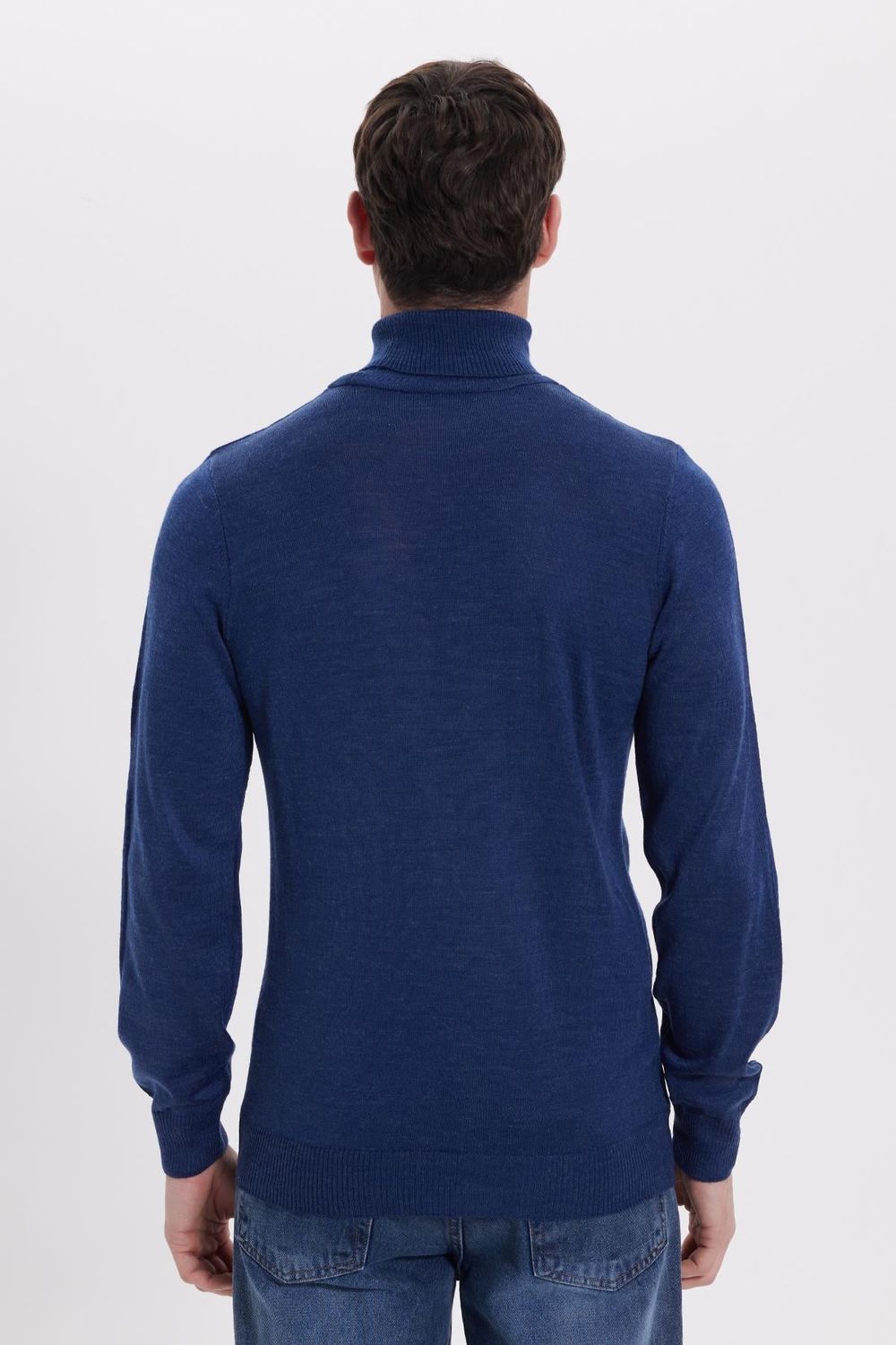 Erkek Slim Fit Tam Boğazlı Yaka Düz Yün Sax Mavi Triko Kazak