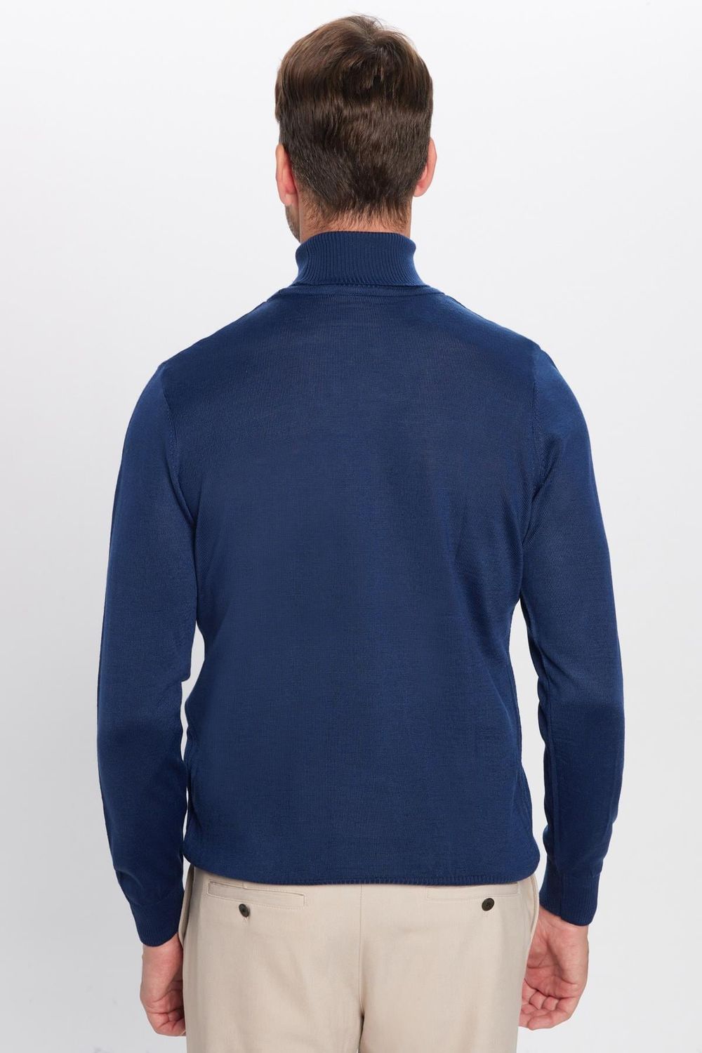 Erkek Slim Fit Tam Boğazlı Yaka Düz Yün Lacivert Triko Kazak
