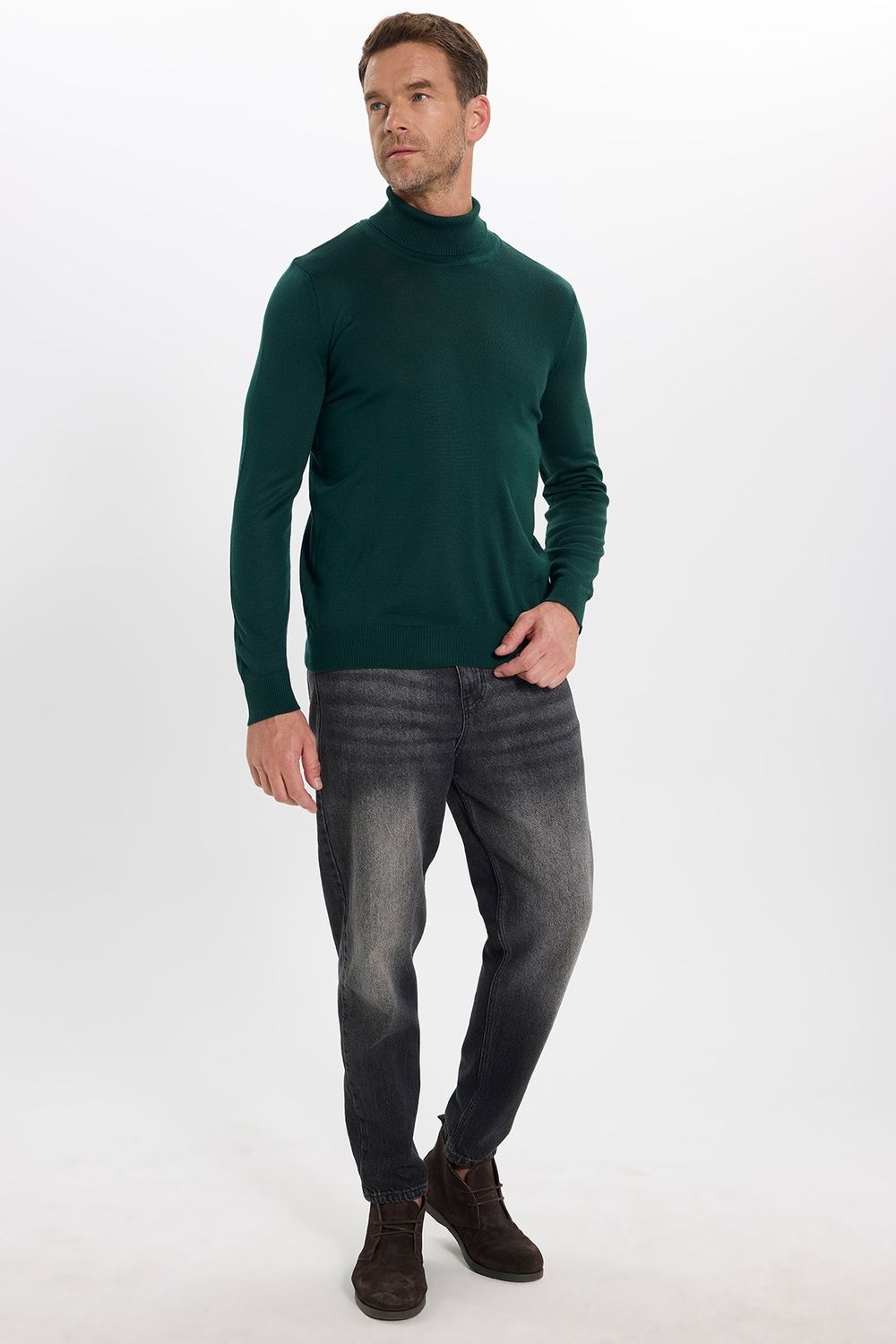 Erkek Slim Fit Tam Boğazlı Yaka Düz Yün Yeşil Triko Kazak