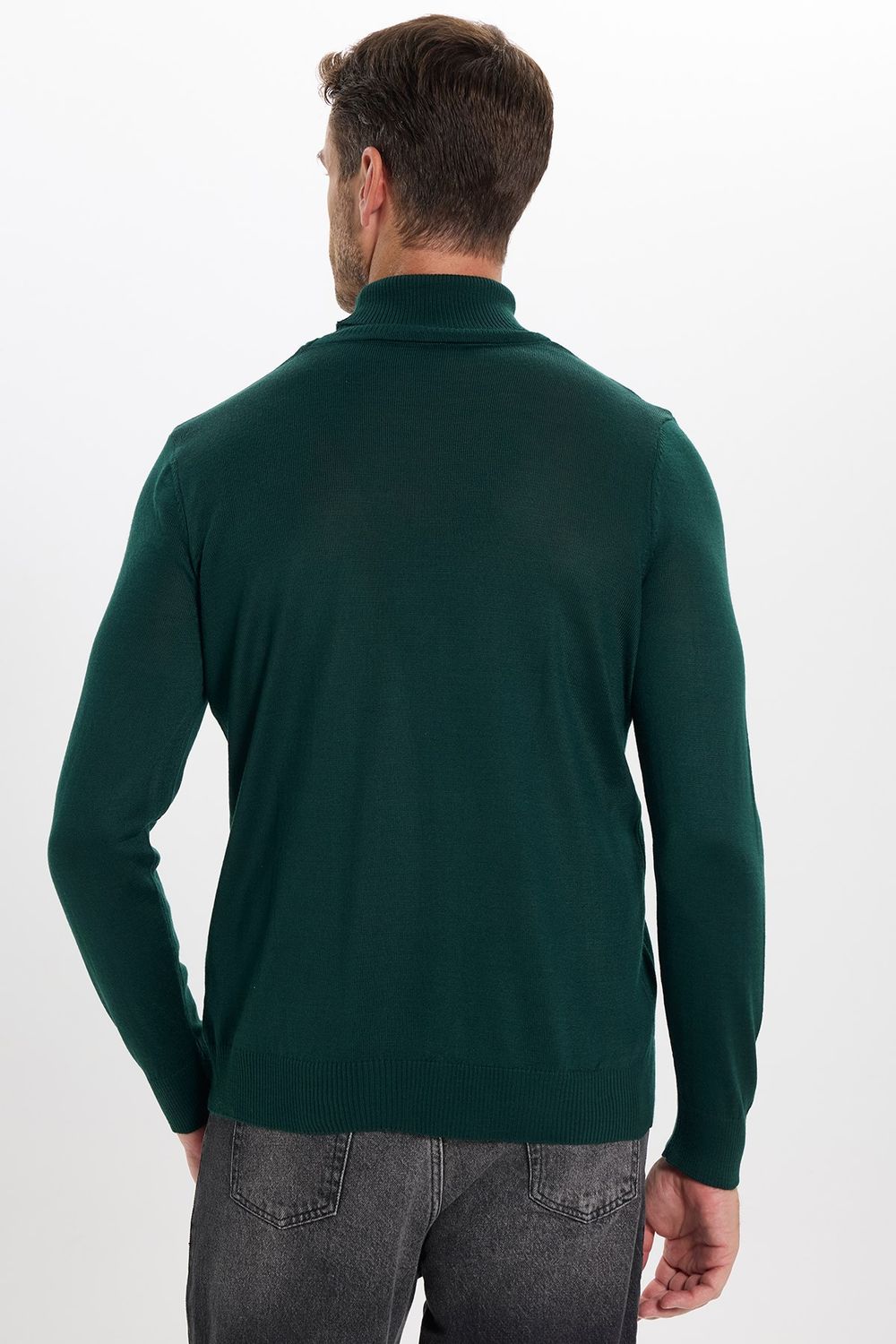 Erkek Slim Fit Tam Boğazlı Yaka Düz Yün Yeşil Triko Kazak