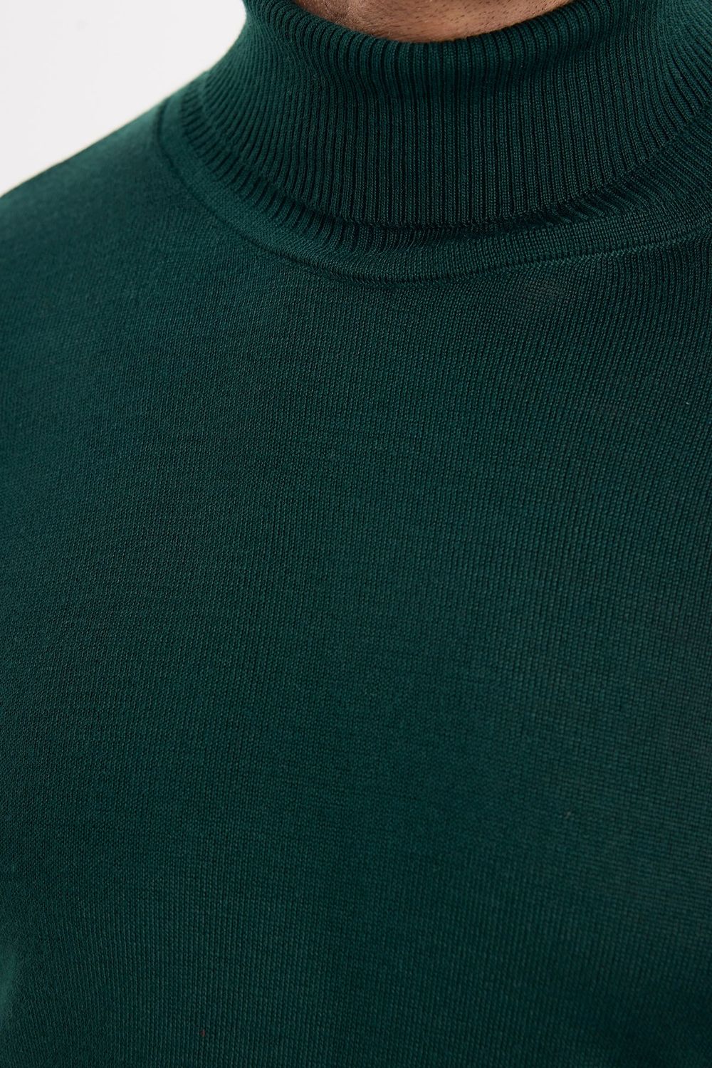 Erkek Slim Fit Tam Boğazlı Yaka Düz Yün Yeşil Triko Kazak