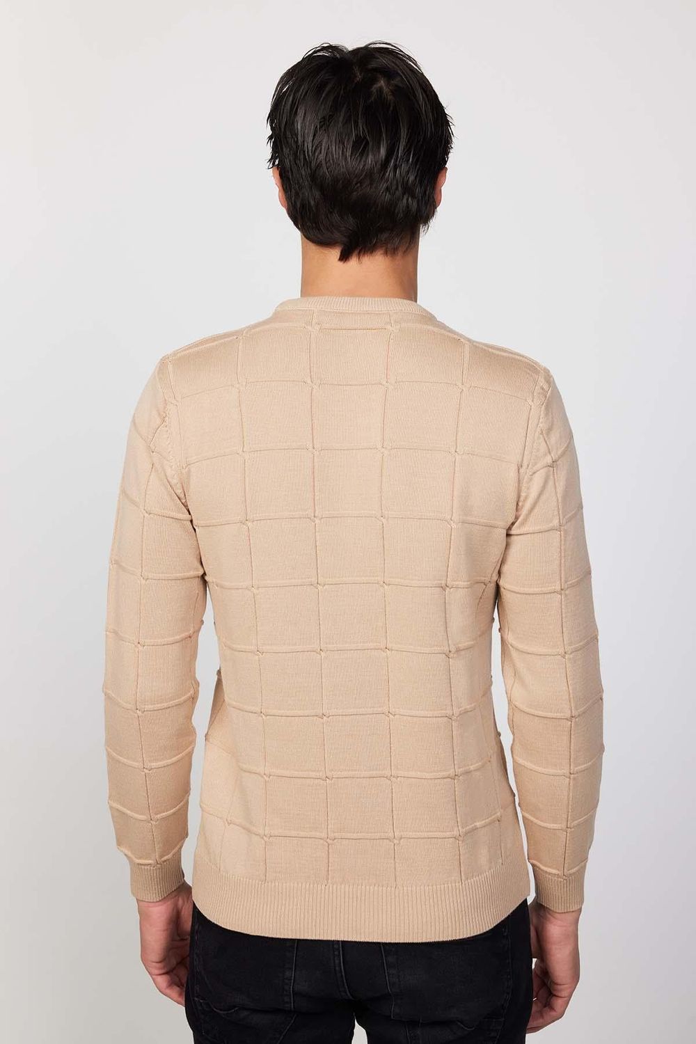 Slim Fit Bisiklet Yaka Kare Desenli Erkek Triko Kazak