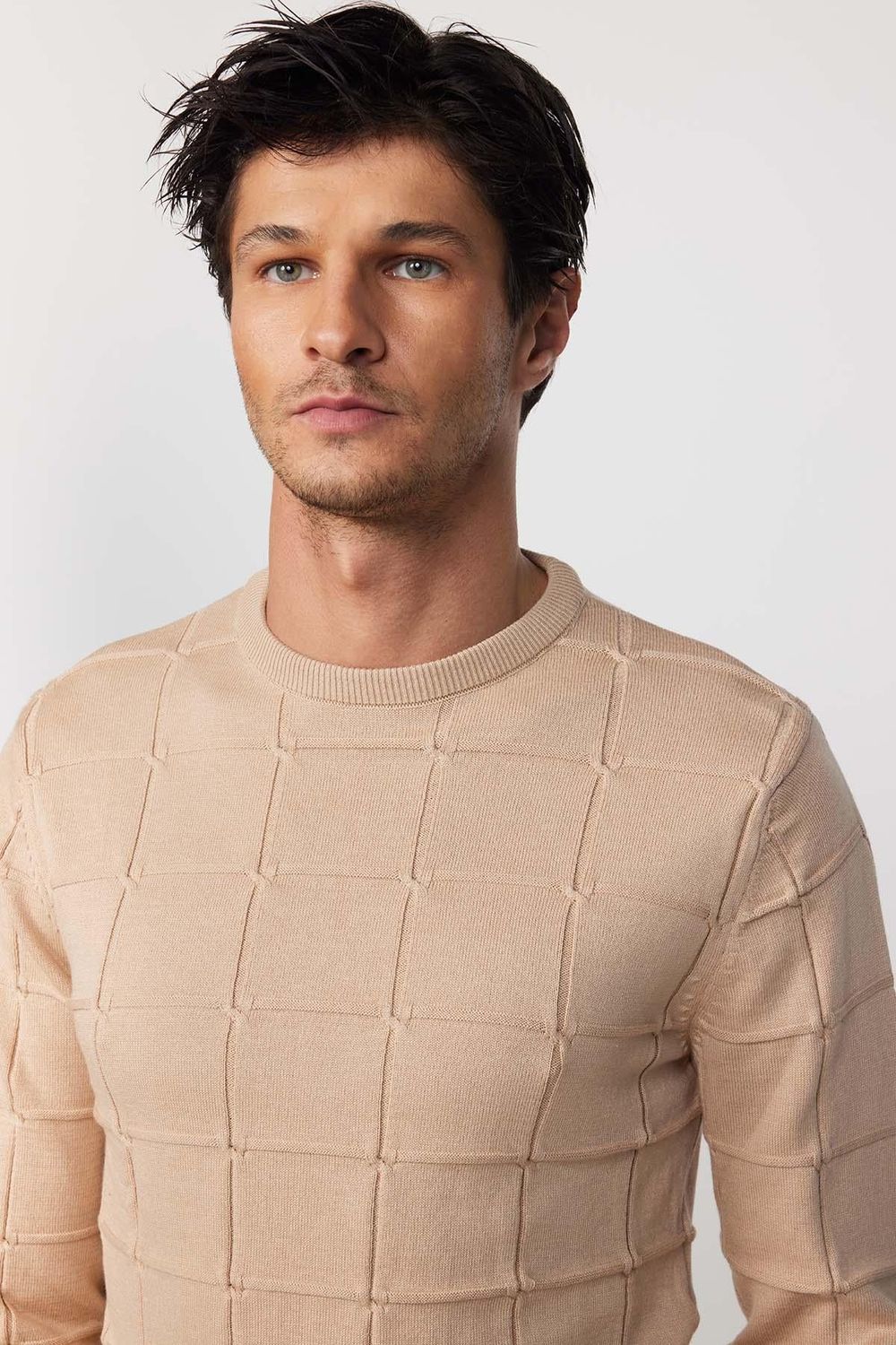 Slim Fit Bisiklet Yaka Kare Desenli Erkek Triko Kazak