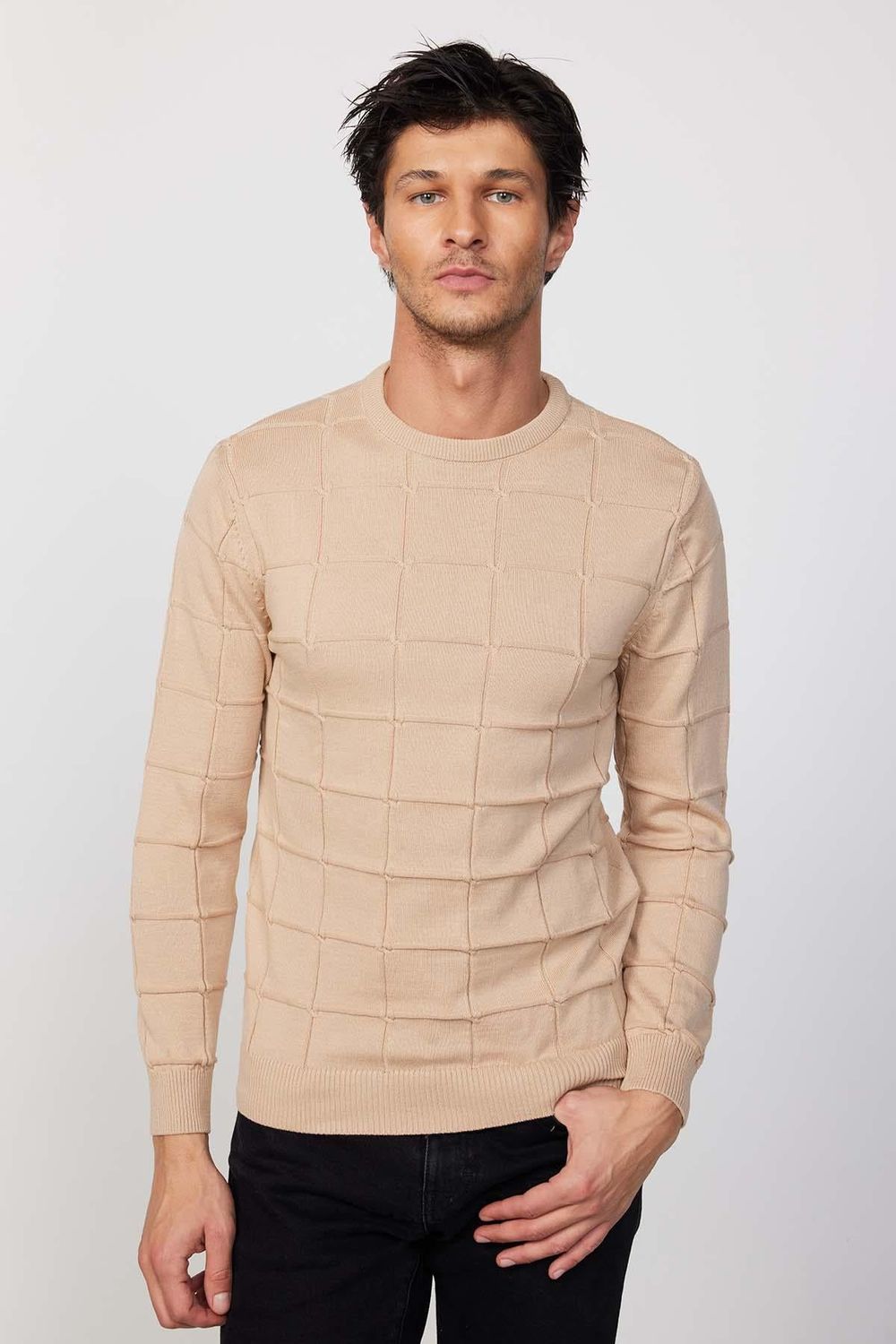 Slim Fit Bisiklet Yaka Kare Desenli Erkek Triko Kazak