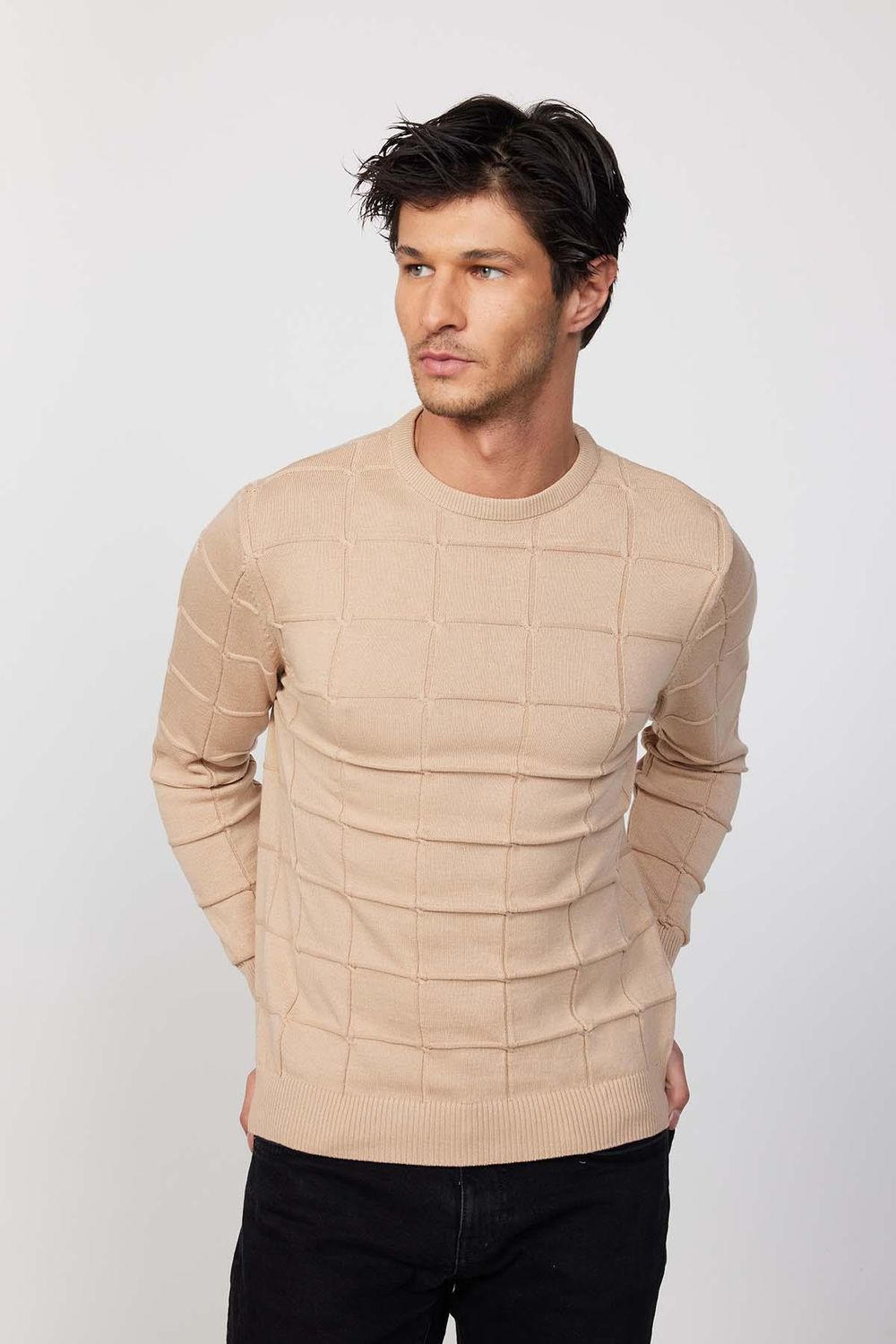 Slim Fit Bisiklet Yaka Kare Desenli Erkek Triko Kazak