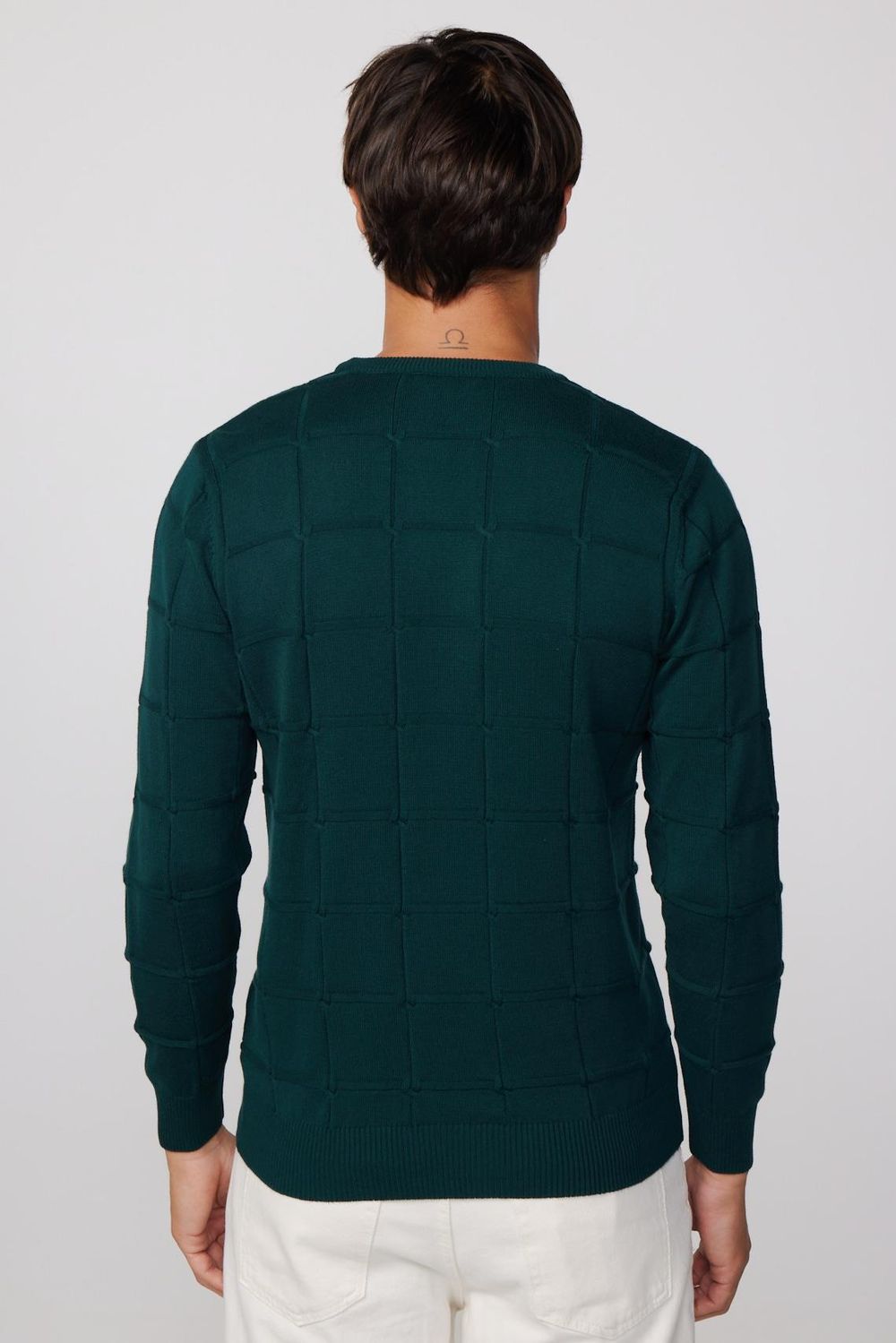 Slim Fit Bisiklet Yaka Kare Desenli Erkek Kazak