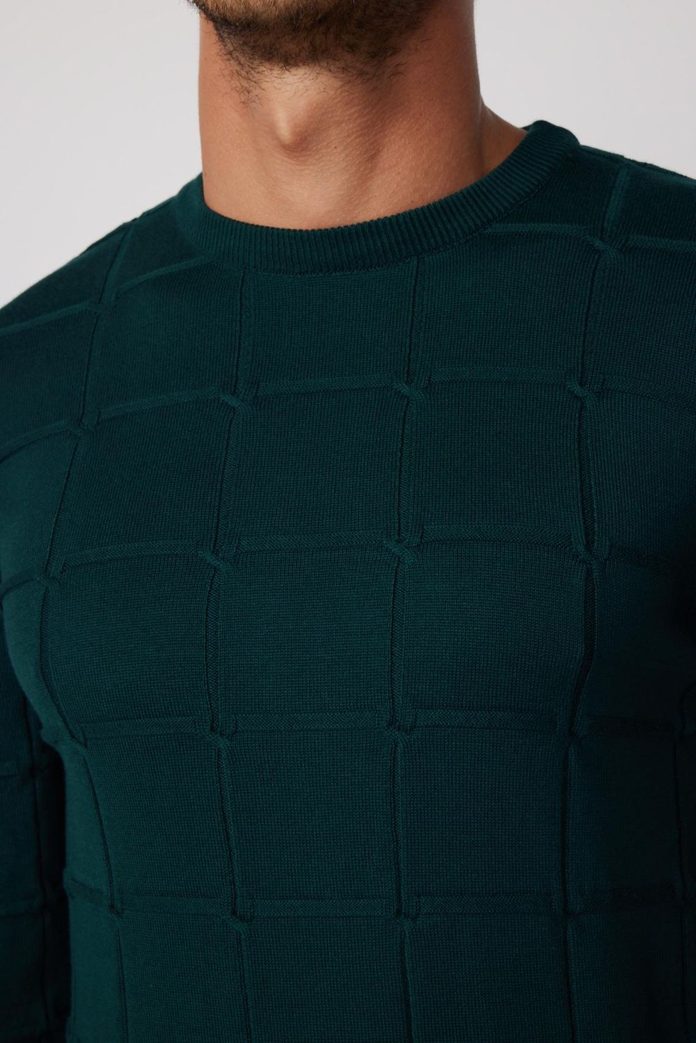 Slim Fit Bisiklet Yaka Kare Desenli Erkek Kazak