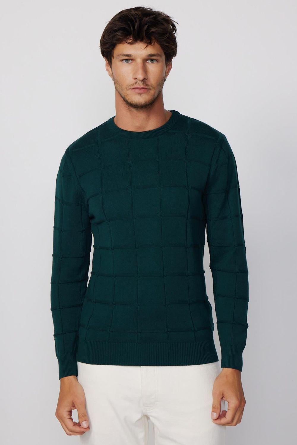 Slim Fit Bisiklet Yaka Kare Desenli Erkek Kazak