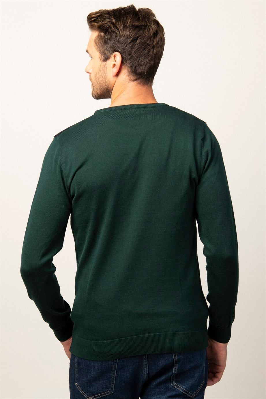 Slim Fit Dar Kesim Bisiklet Yaka Desenli Erkek Kazak