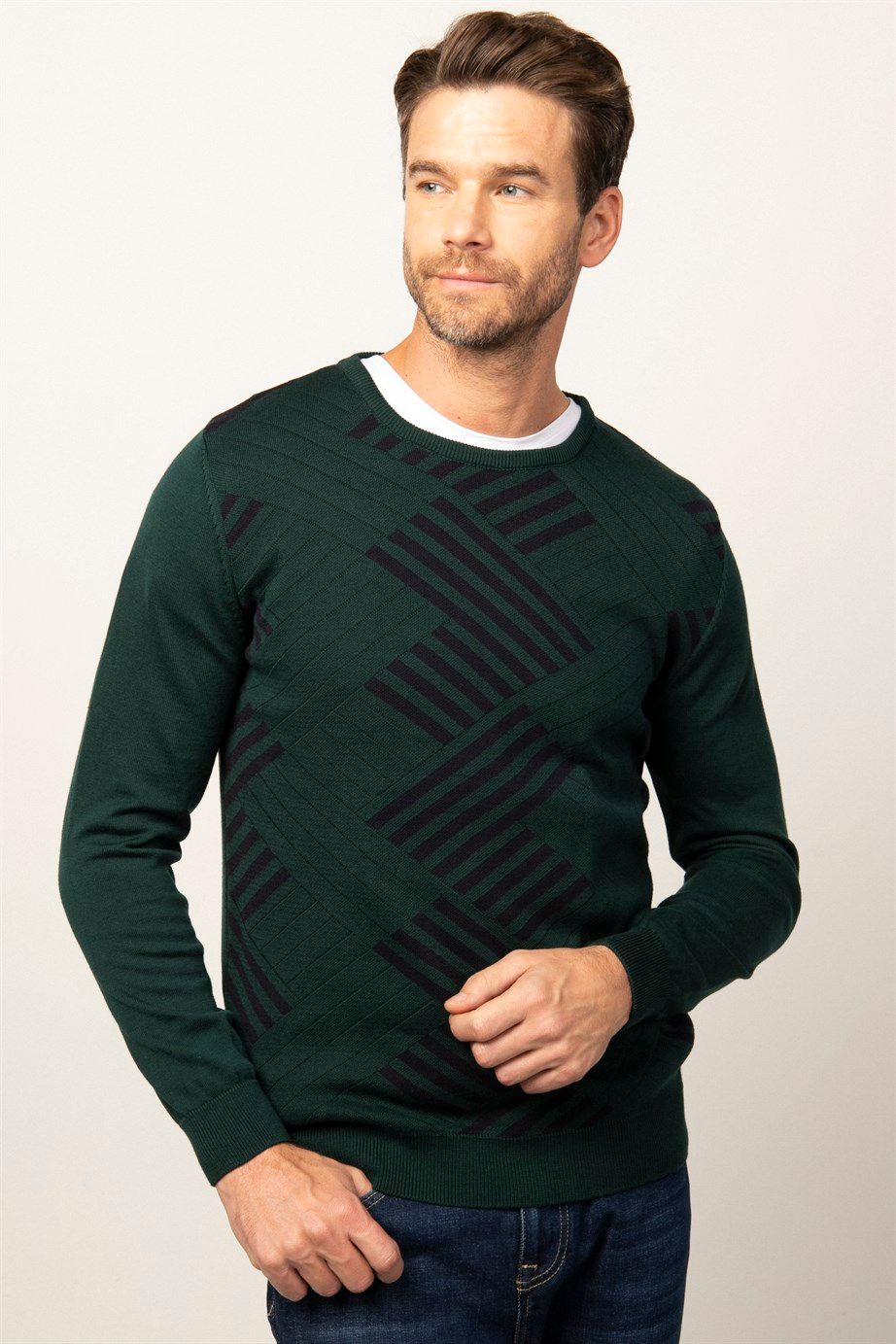 Slim Fit Dar Kesim Bisiklet Yaka Desenli Erkek Kazak