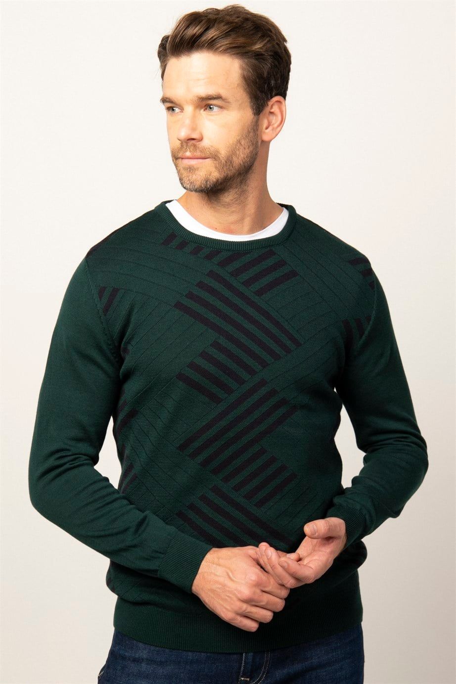 Slim Fit Dar Kesim Bisiklet Yaka Desenli Erkek Kazak