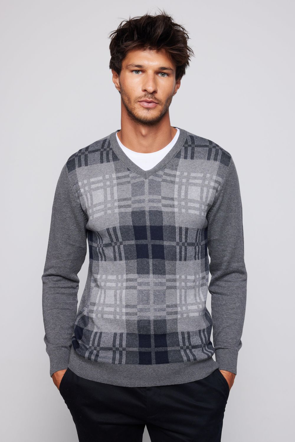 Slim Fit V Yaka Kareli Erkek Kazak
