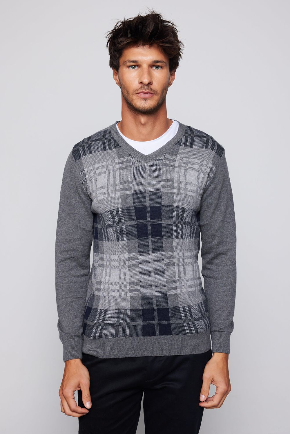 Slim Fit V Yaka Kareli Erkek Kazak