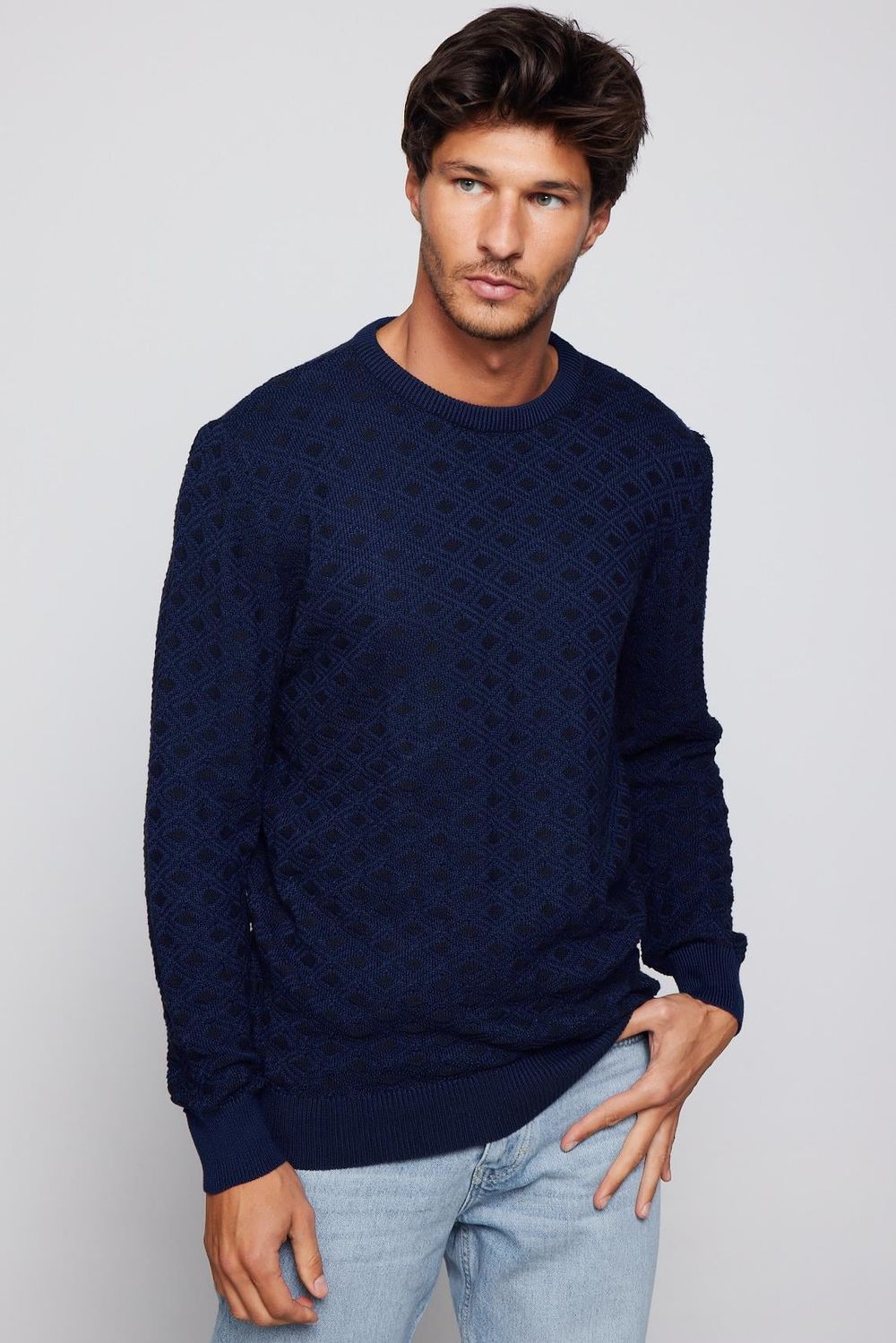 Slim Fit Bisiklet Yaka Armürlü Pamuklu Erkek Kazak
