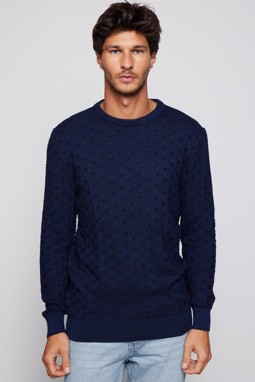 Slim Fit Bisiklet Yaka Armürlü Pamuklu Erkek Kazak